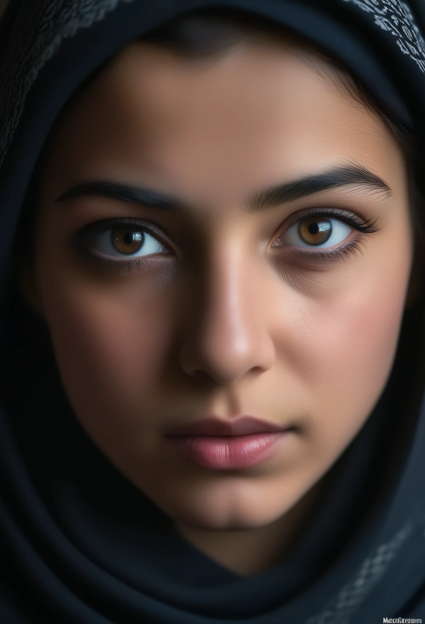 Симметричный портрет sameенщины по имени Мэри.,Palestinian, with piercing eyes, detailed face, High detail, Photo, Dark Studio, edge light, Nikon D850|, 50 mm, same/1.4
