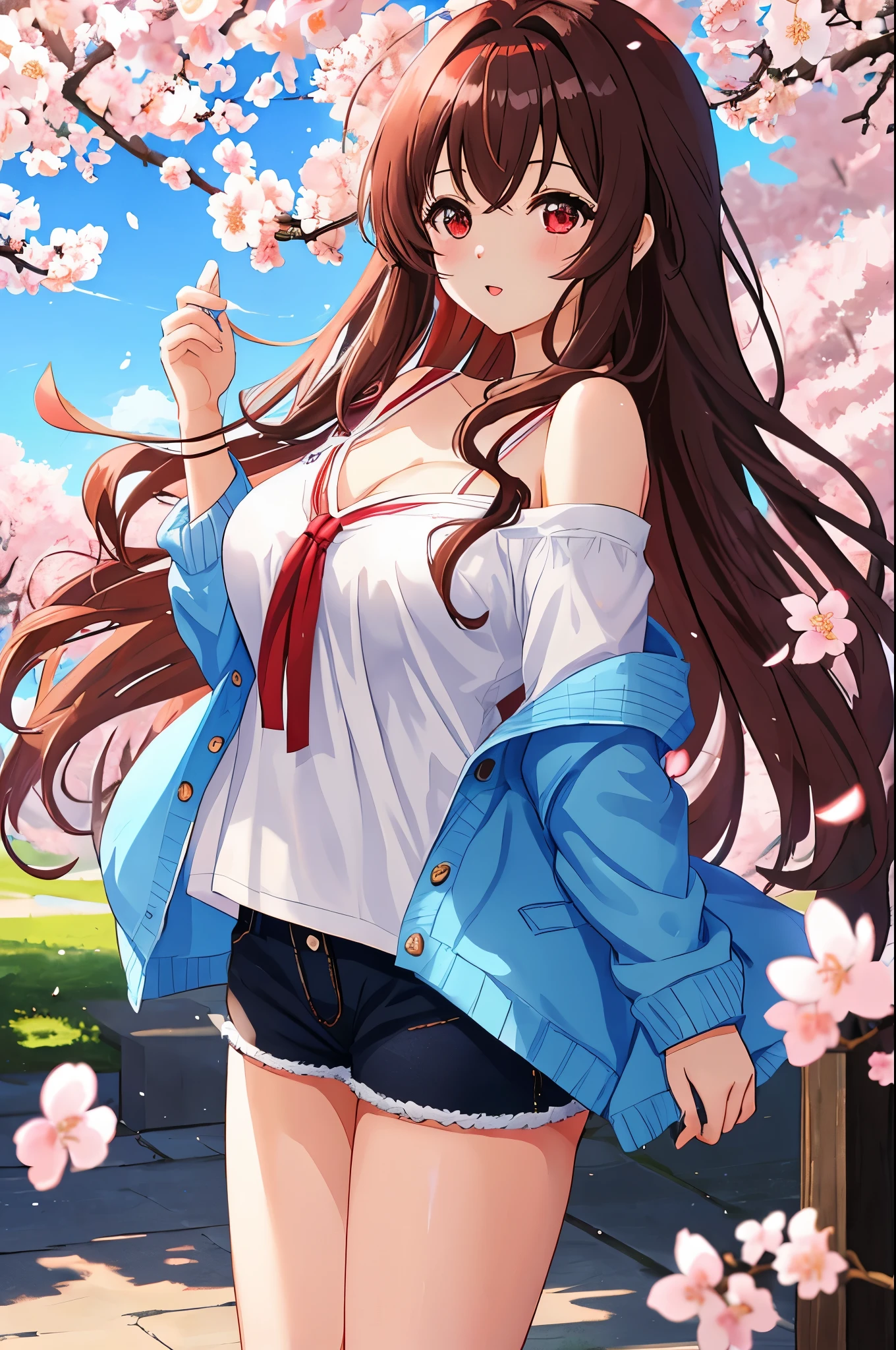 anime、1 female、bottom angle、whole body、long brown hair、curly hair、red eyes、thick lips、well-groomed face、blue cardigan、white t-shirt、off shoulder、black shorts、beautiful breasts、cherry blossoms、cherry blossoms吹雪、countryside street、sunlight、masterpiece、ultra high resolution、delicate、16k、perfect lighting
