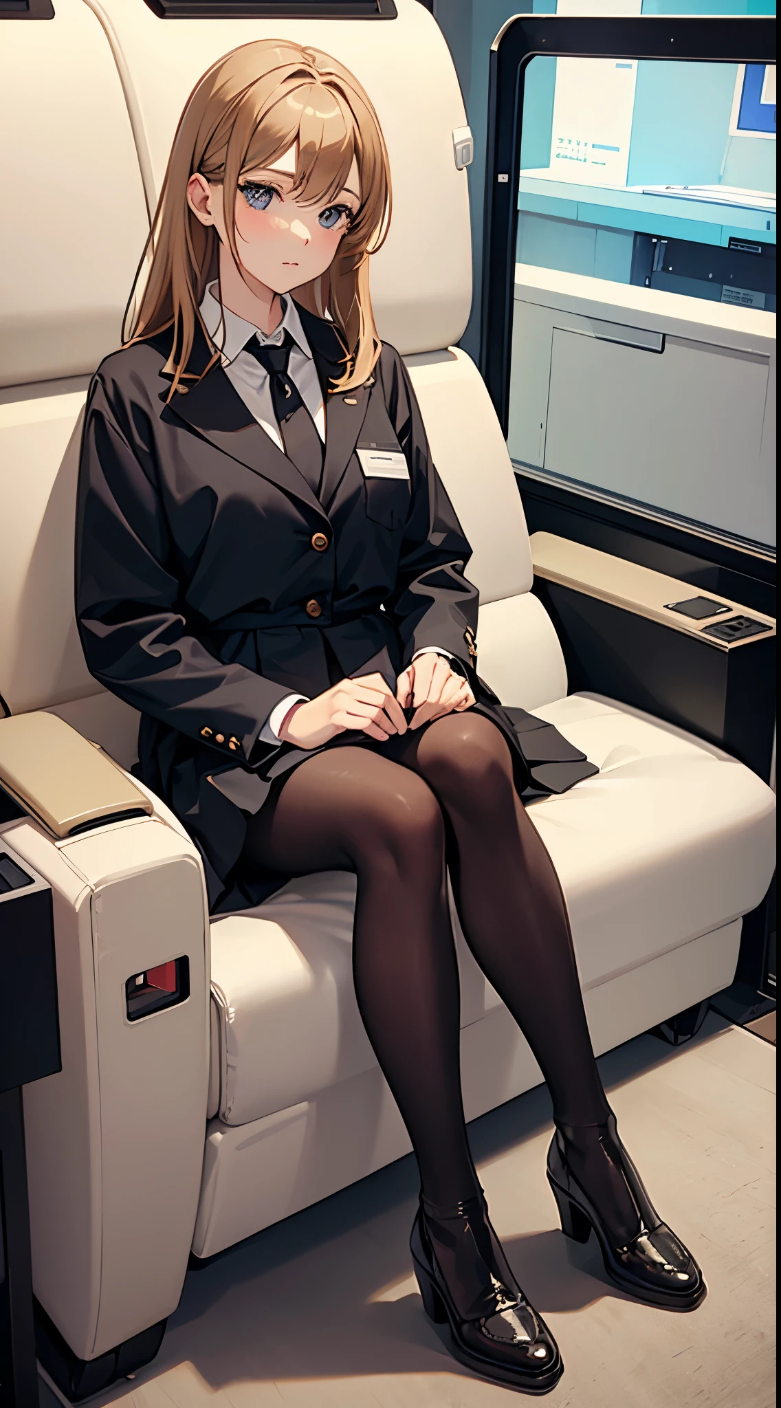 Anime woman with brown blonde hair wearing a white collared shirt, a black skirt, pantyhose and high heel boots watching a movie at a cinema