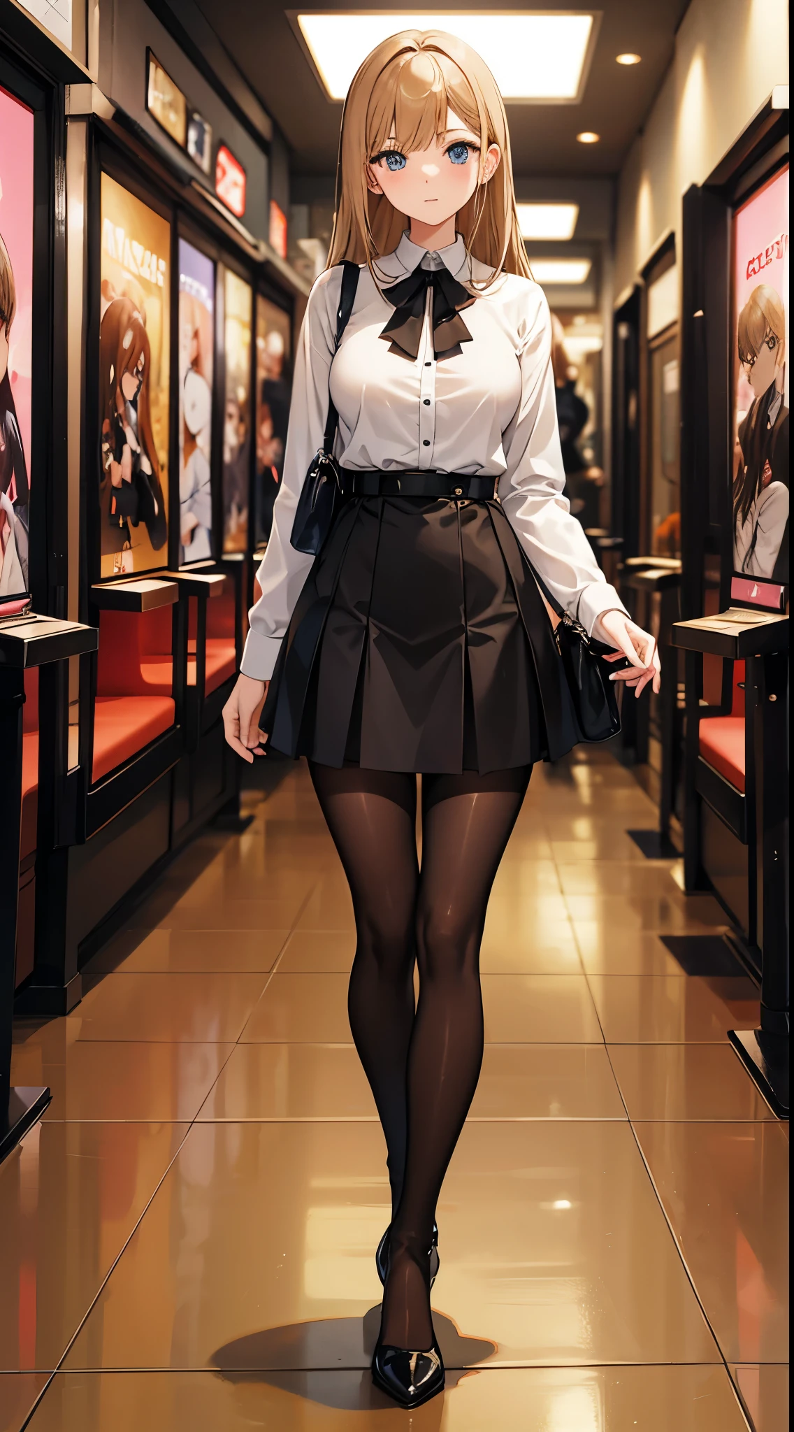 Anime woman with brown blonde hair wearing a white collared shirt, a black skirt, pantyhose and high heel boots with her friends at a cinema