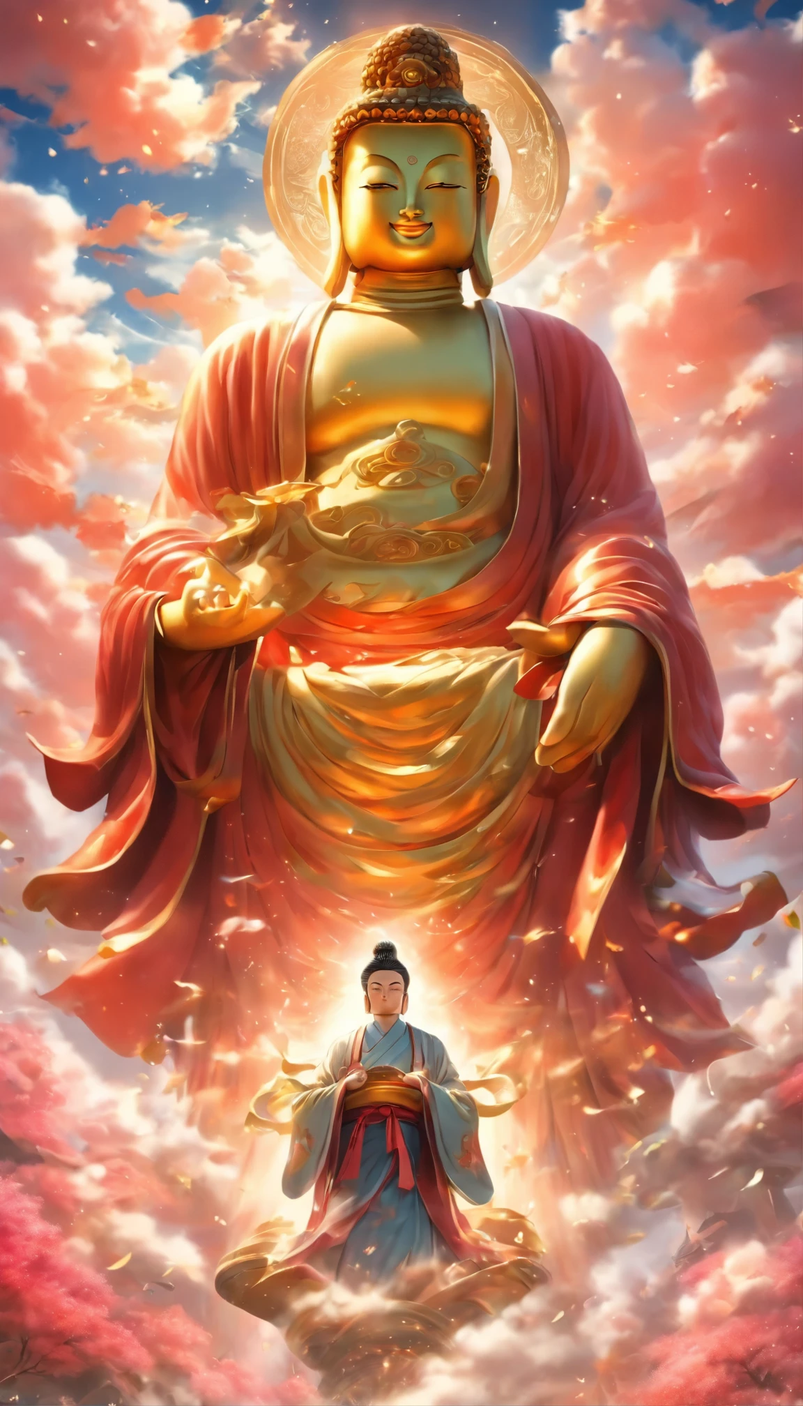 ((masterpiece)),(最high quality)),Chinese style,In the sky, Clouds form a giant statue of Maitreya Buddha,Pilgrims on the road,surreal,ultra photoreal sim,real photos,8k,High resolution,high quality,works of masters,super fine,(((OC renderer)))