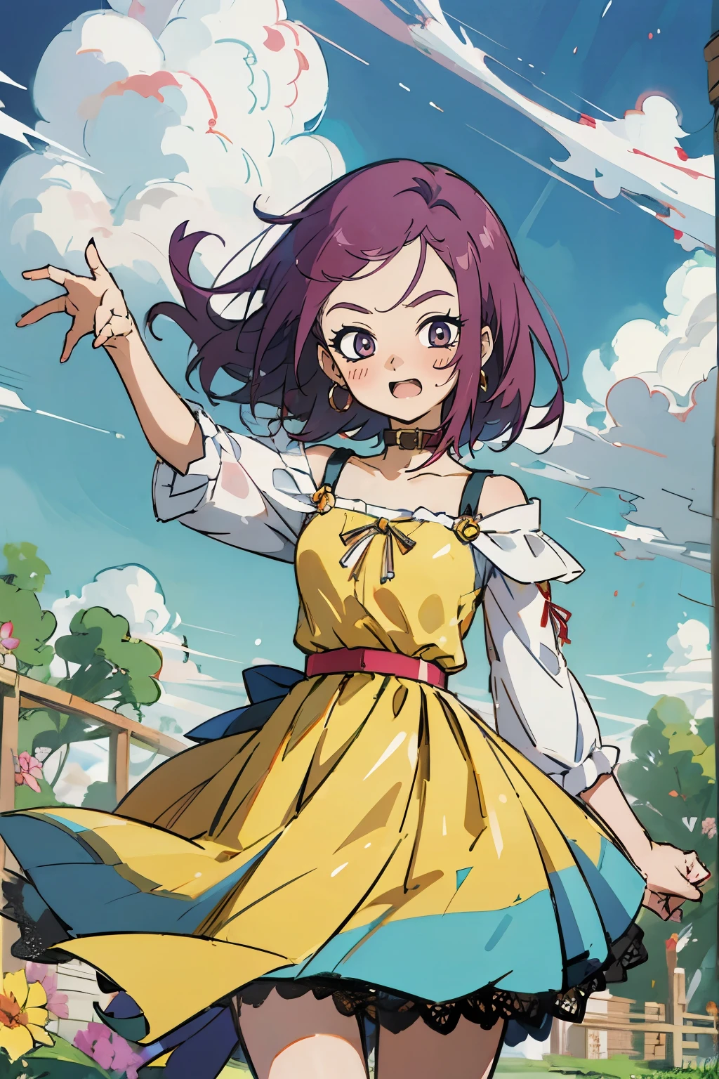 masutepiece, Best Quality, Ultra-detailed, kisho, jigokuraku, 1 girl, reddish Purple hair, showa town, fantasy world, ruins, fort, beautiful sky, shining sky, sunshine, waving, hair ribbon, belt, choker, black choker, wind blowing dress, lace dress, earrings, off-shoulder sleeves, wool sweaters, Chest exposure, Lace underwear, metamorphosis is exposed, both hands, perfect fingers, five fingers, beautiful eyes