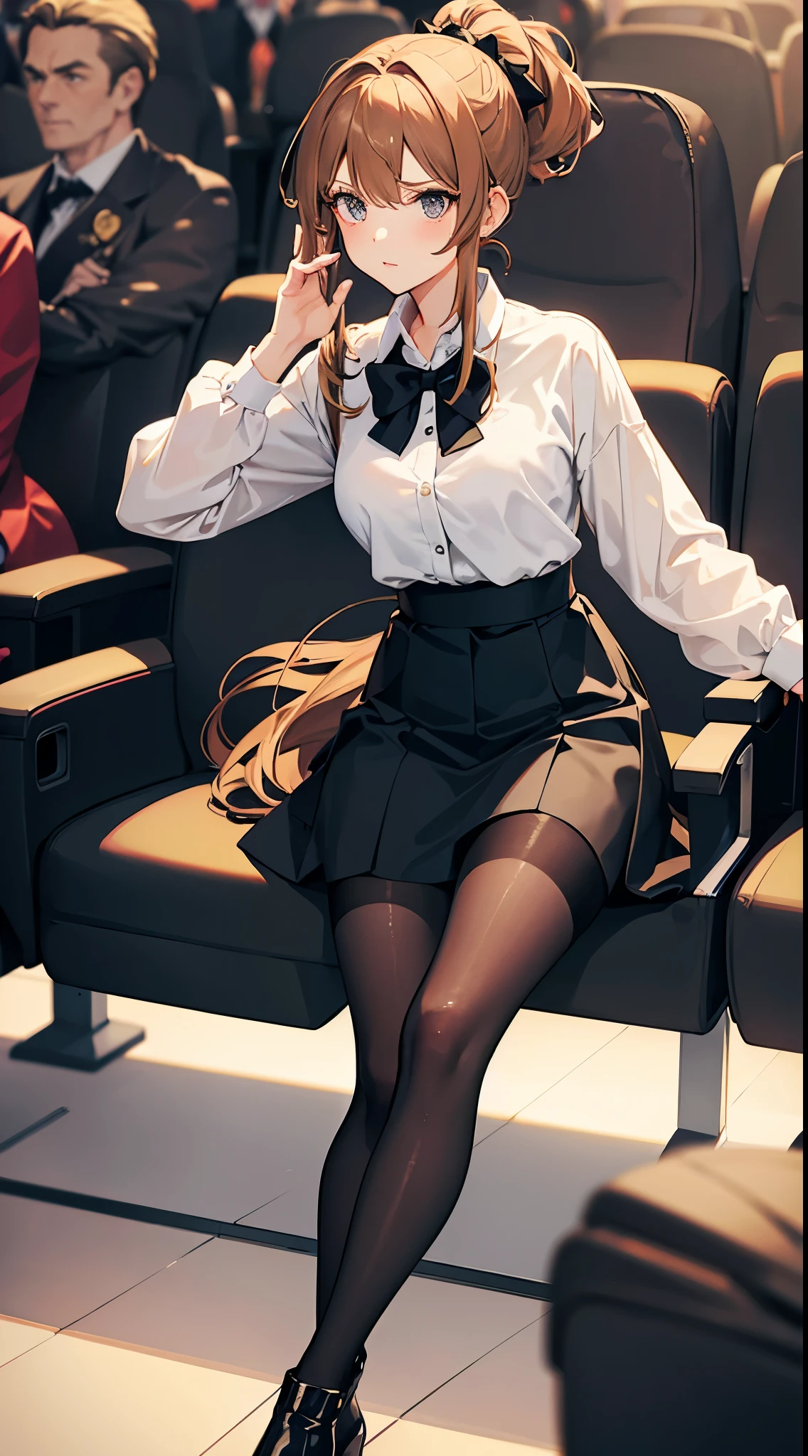 Anime woman with brown blonde hair, ponytail, bow wearing a white collared shirt, a black skirt, pantyhose and high heel boots at a cinema