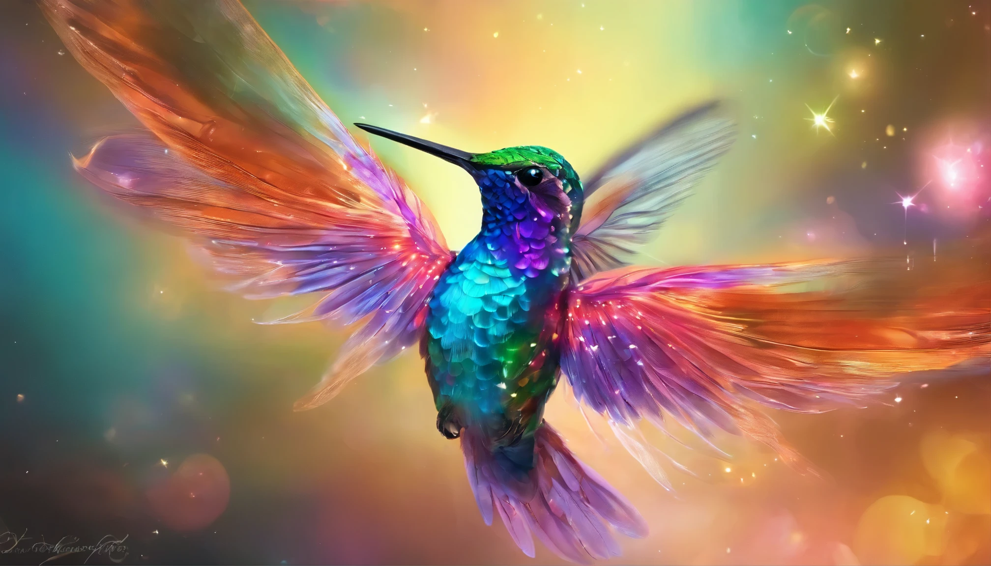 A hummingbird with iridescent feathers,Their colors are not of this world,Sparkling like specks of stardust. The bird flies through a space of flowing liquid metal and floating crystals,Each beat of the wings causes subtle ripples in space,Create surreal visual effects.,