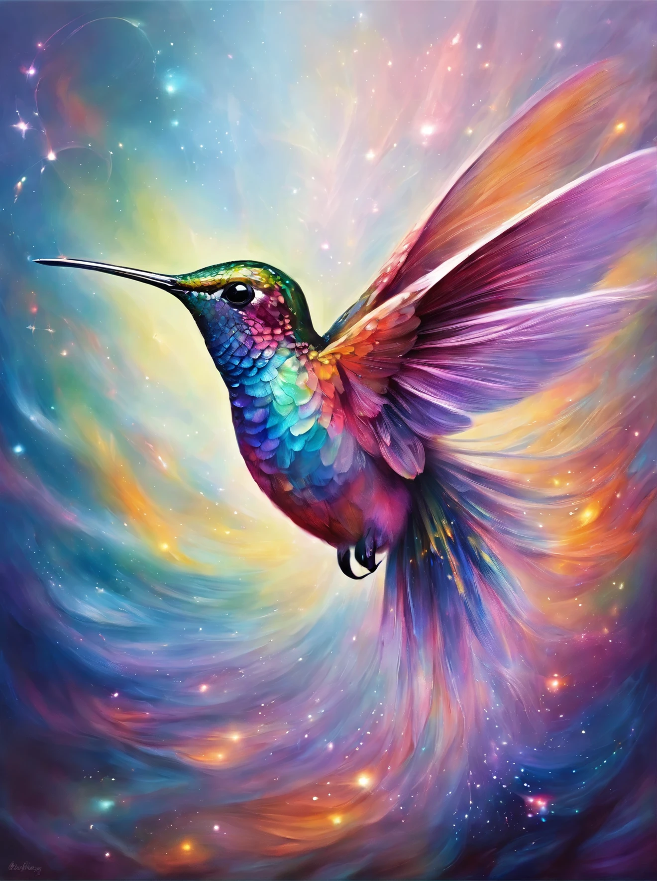 A hummingbird with iridescent feathers,Their colors are not of this world,Sparkling like specks of stardust. The bird flies through a space of flowing liquid metal and floating crystals,Each beat of the wings causes subtle ripples in space,Create surreal visual effects.,