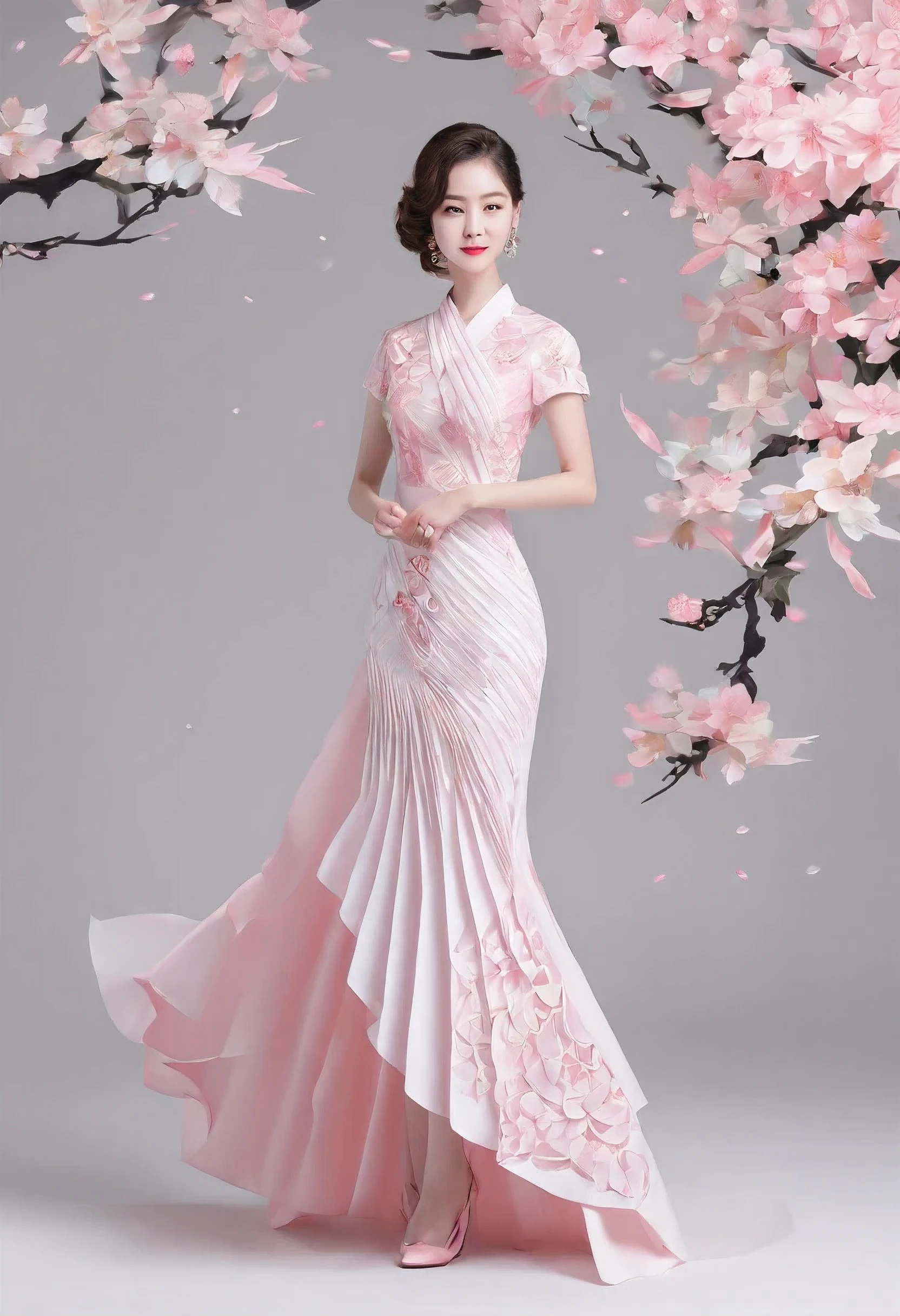 A high resolution,ultra - detailed), offcial art, Unity 8k壁纸, Ultra-detailed, Beautiful and aesthetically pleasing, tmasterpiece, best qualityer,long skirt,Slim girl girl, Dressing, clothing design, Rose, Sweet tea, Pink, Fishtail skirt, Diagonal lace design, Decorated with delicate pearls, short- sleeved, Wear a neck circumference, Stacking art, Fairy style, Elegant temperament,New Chinese style,(Chinese coiled hair)