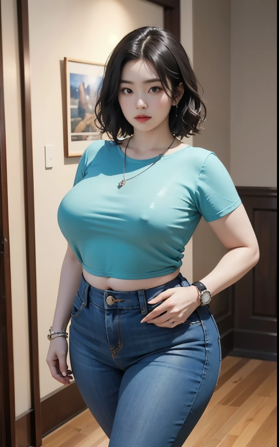 ((best quality)), ((masterpiece)), (detailed), perfect face, araffe woman in a dark green tosca shirt and blue denim skirt walking down a dark room, thicc, she has a jiggly fat round belly, bbwchan, wearing tight simple clothes, skinny waist and thick hips, widest hips, her belly is fat and round, soft curvy shape, hyperrealistic full figure, wearing a cute top, wide hips, wearing 10 bracelet , wearing huge diamond necklace , watch, wavy short hair