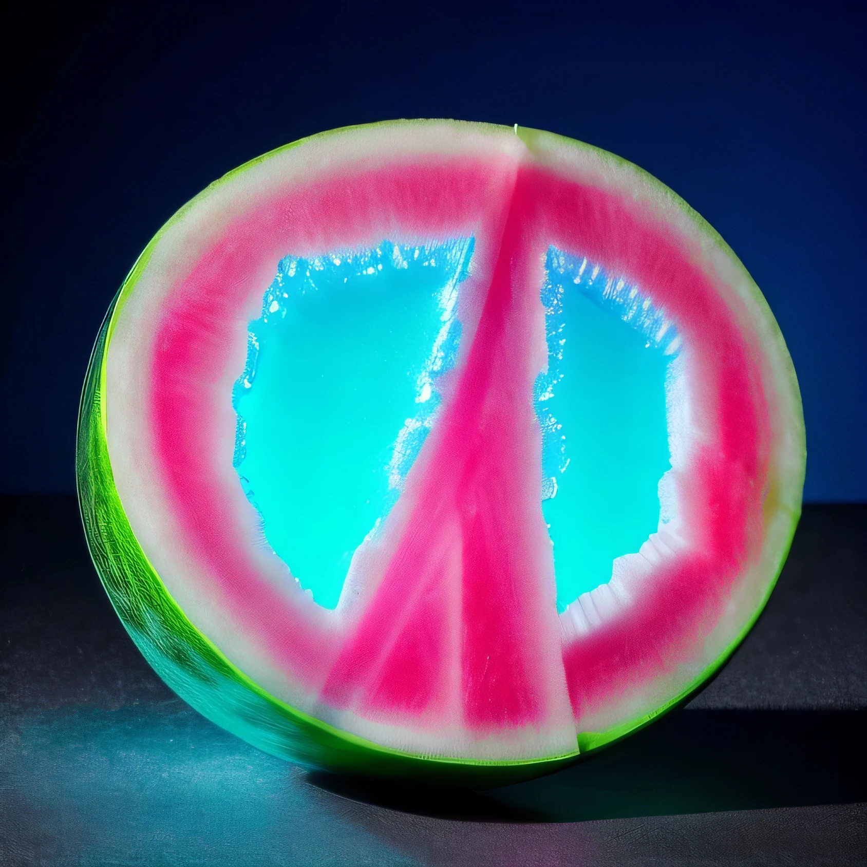 aerogel watermelon made from transparent aerogel, transparent fluorescent led neon blue hues
hyper detailed high resolution