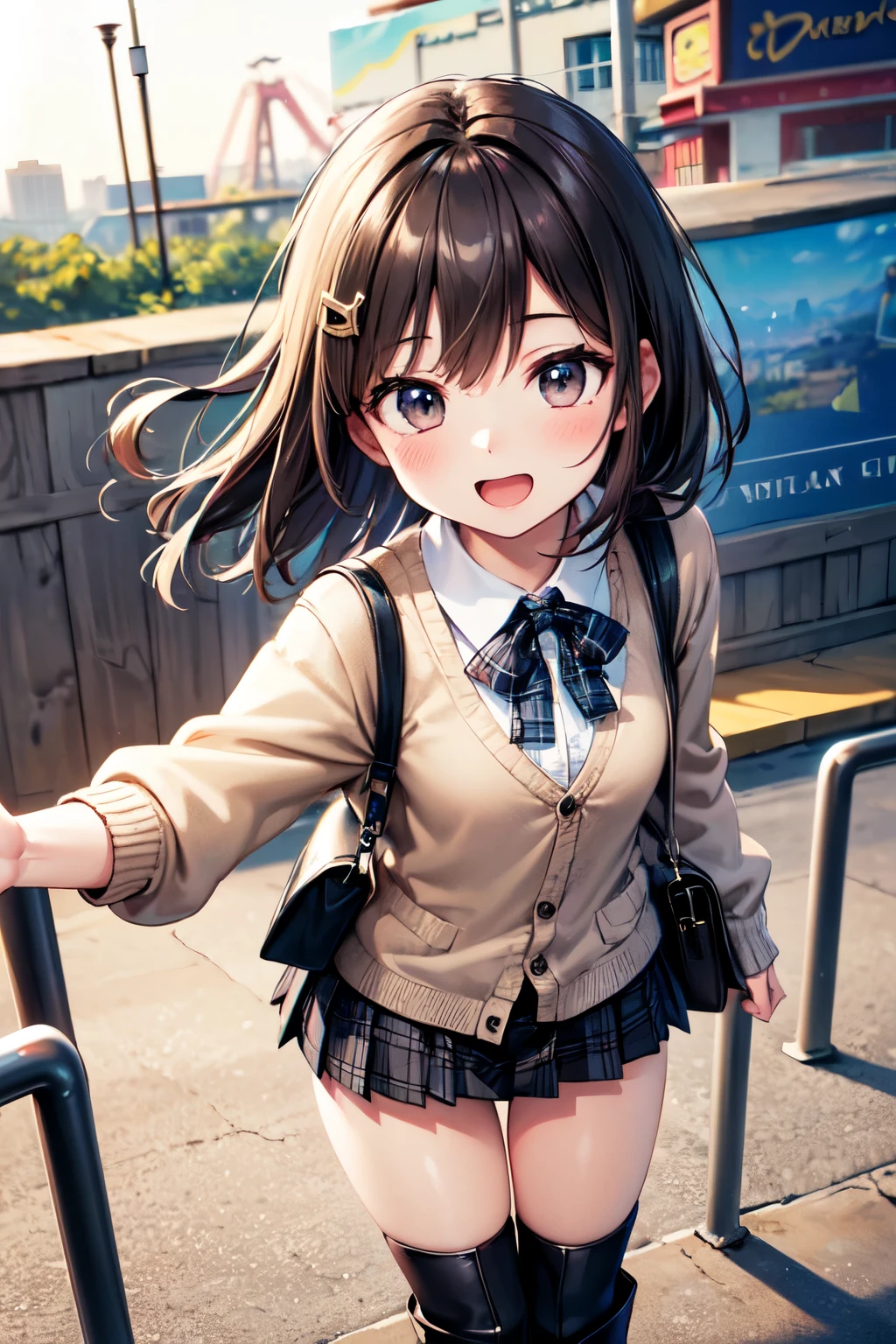 very cute and beautiful girl in amusement park ride,(highly detailed beautiful face),(white blouse),
laugh,happy,(beige cardigan:1.2) BREAK zettai ryouiki,(plaid brown mini skirt:1.2),
hair ornament,black hair,(black shoulder bag),(black boots),
(best quality,masterpiece:1.2),absurdres,highres,ultra-detailed,extremely detailed,32k,8k resolution,
intricate details,cinematic scene,detailed background,solo,dynamic angle,(realistic),