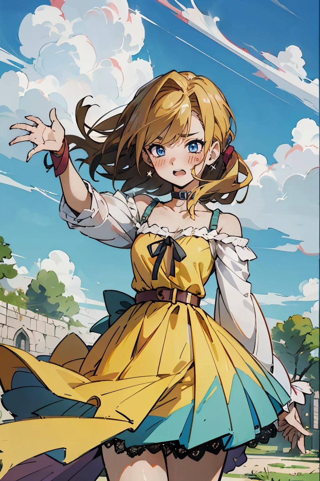 masutepiece, Best Quality, Ultra-detailed, tenza, jigokuraku, 1 girl, blonde hair, showa town, fantasy world, ruins, fort, beautiful sky, shining sky, sunshine, waving, hair ribbon, belt, choker, black choker, wind blowing dress, lace dress, earrings, off-shoulder sleeves, wool sweaters, Chest exposure, Lace underwear, metamorphosis is exposed, both hands, perfect fingers, five fingers, beautiful eyes