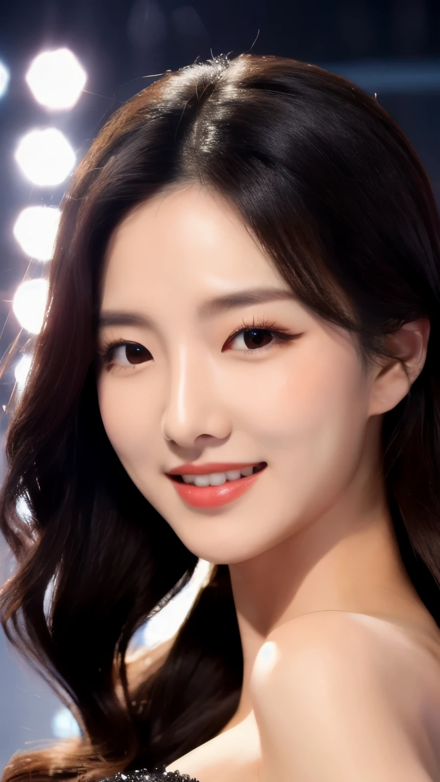 best quality, ultra-high resolution, real, photorealistic, 16K, BREAK, a Korean girl, cute, (full body:1.2), slender, BREAK, highly detailed hair, glossy black hair, highly-detailed face, well-defined facial features, detailed eyes, detailed skin, very white skin, detailed lips, smile, singing, drunk, BREAK, highly-detailed clothings, K-pop dancer's costume, glossy, long and puffy sleeves, BREAK, (detailed background, on a stage, mirror balls)