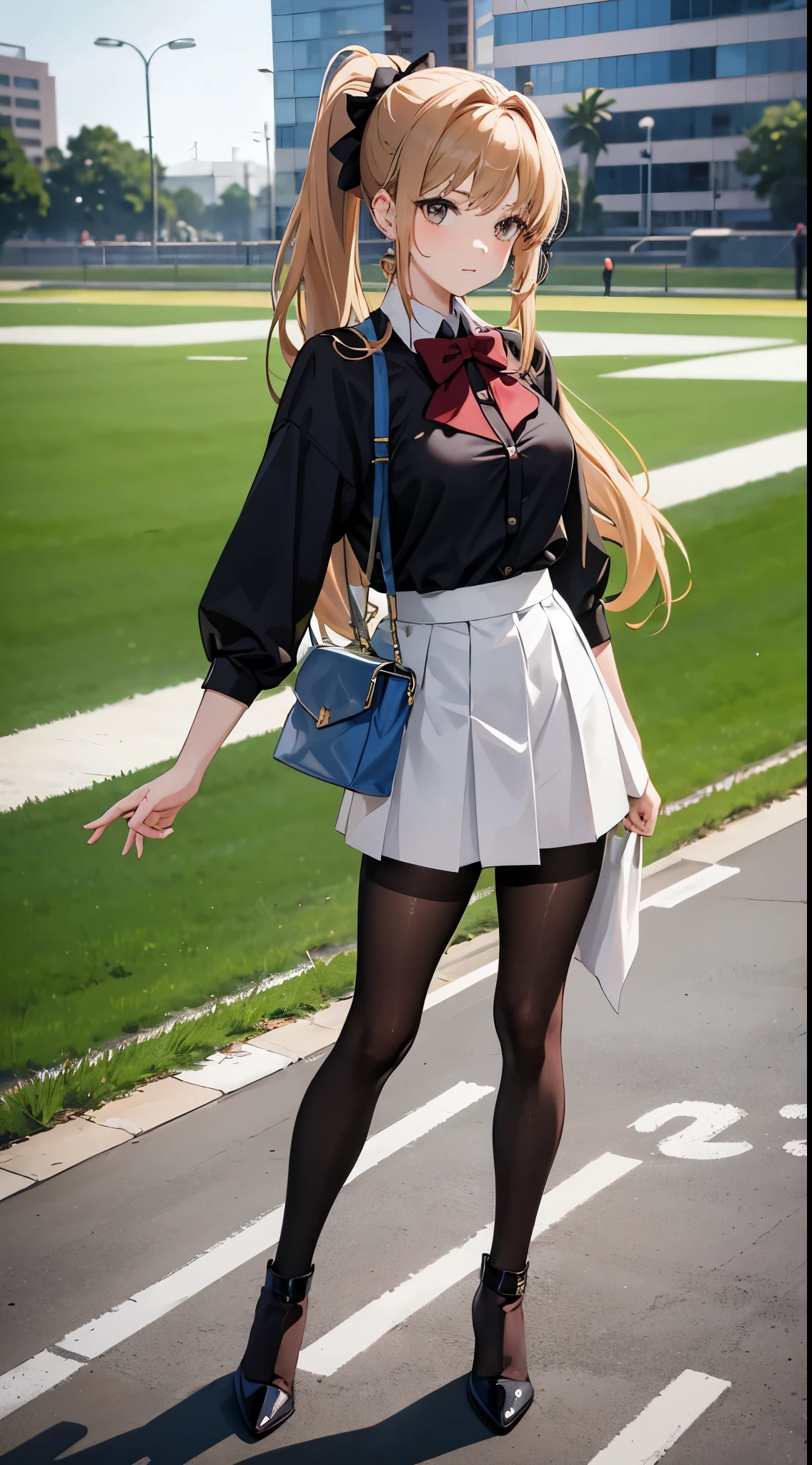 Anime woman with brown blonde hair, ponytail, bow wearing a white collared shirt, a black skirt, pantyhose and high heel boots playing football outside with other women