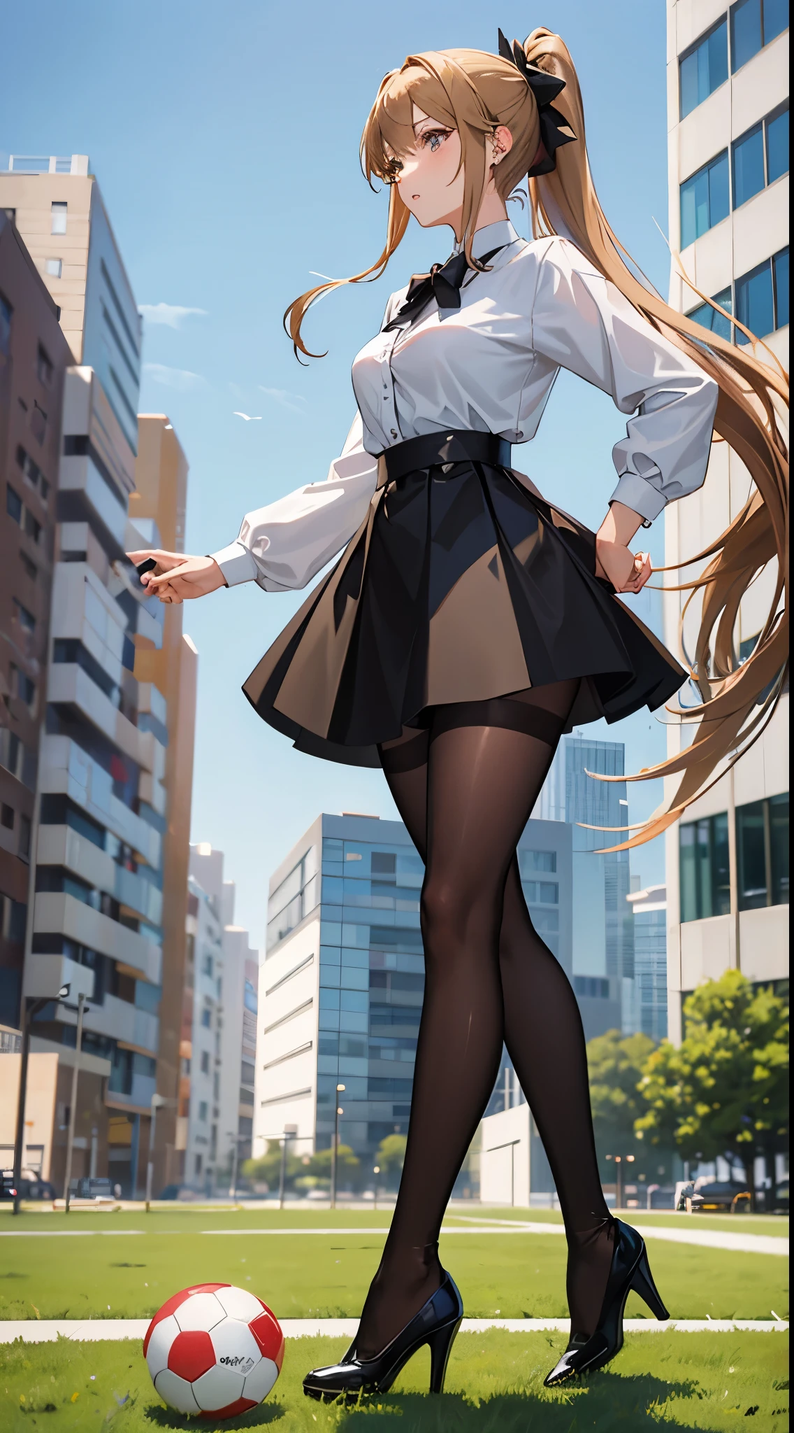 Anime woman with brown blonde hair, ponytail, bow wearing a white collared shirt, a black skirt, pantyhose and high heel boots playing football outside with other women