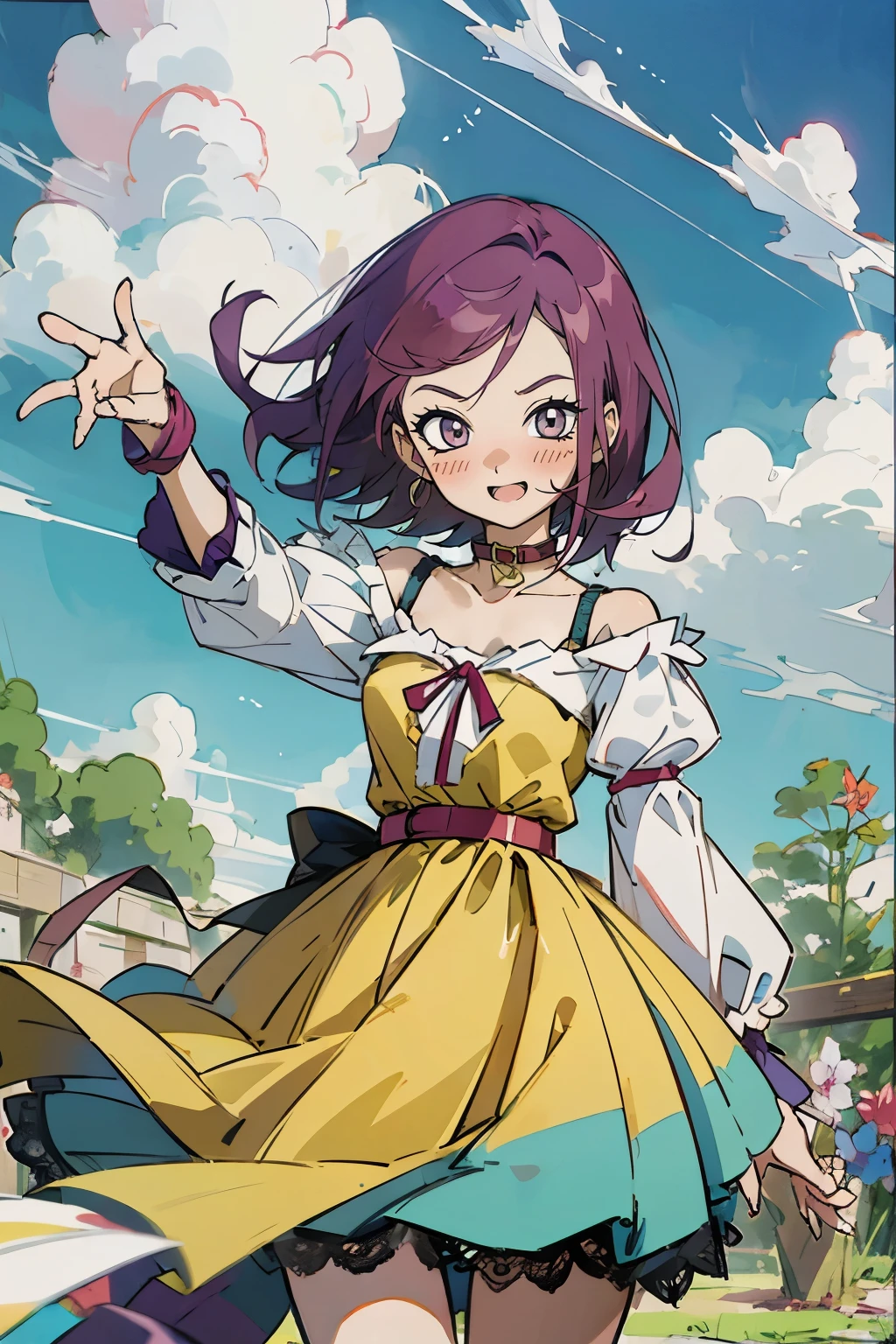 masutepiece, Best Quality, Ultra-detailed, kisho, jigokuraku, 1 girl, reddish Purple hair, showa town, fantasy world, ruins, fort, beautiful sky, shining sky, sunshine, waving, hair ribbon, belt, choker, black choker, wind blowing dress, lace dress, earrings, off-shoulder sleeves, wool sweaters, Chest exposure, Lace underwear, metamorphosis is exposed, both hands, perfect fingers, five fingers, beautiful eyes