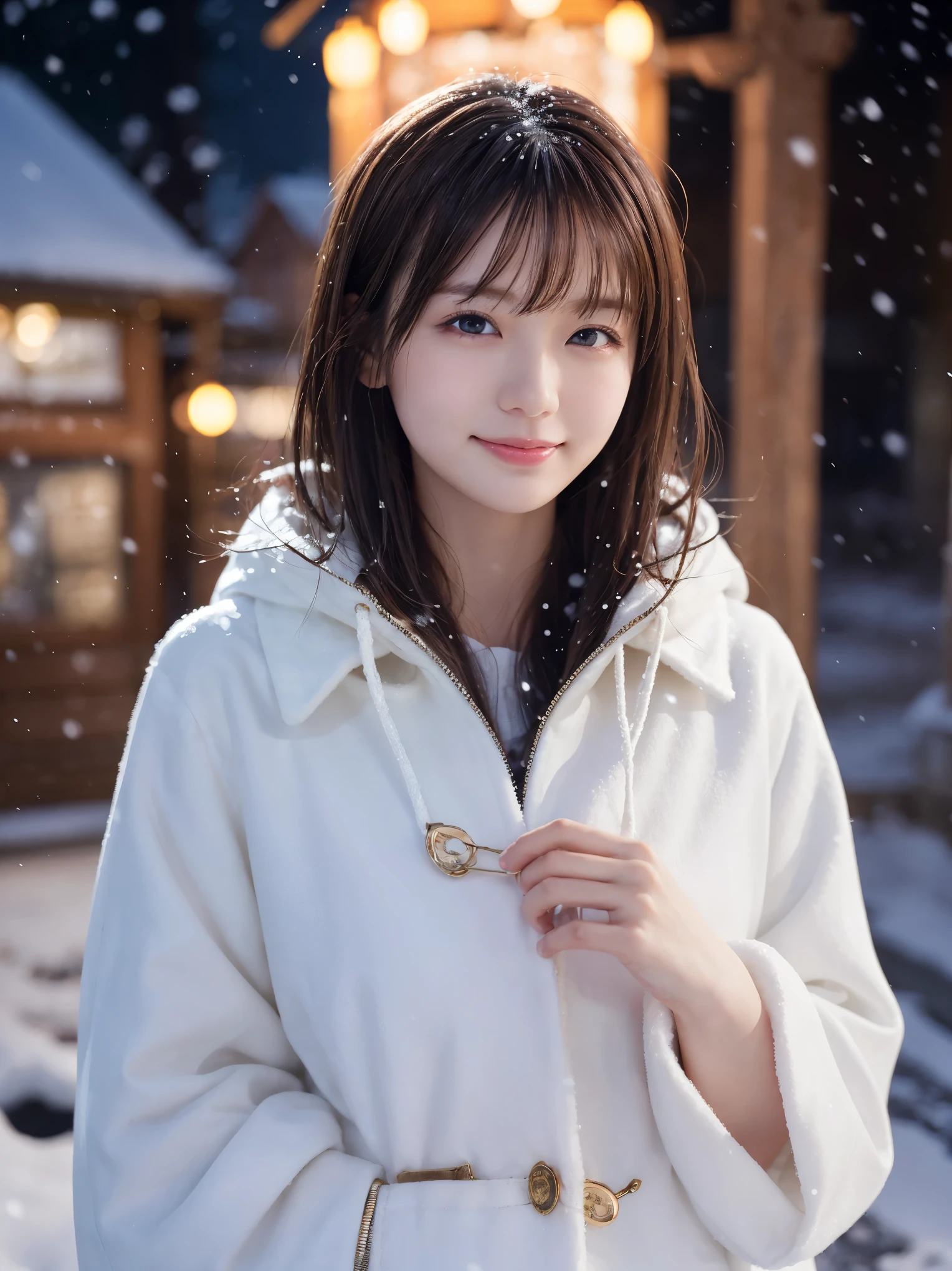 1 girl, (wear a platinum coat:1.2), (RAW photo, highest quality), (realistic, Photoreal:1.4), table top, very delicate and beautiful, very detailed, 2k wallpaper, wonderful, finely, very detailed CG Unity 8K 壁紙, super detailed, High resolution, soft light, beautiful detailed girl, very detailed目と顔, beautifully detailed nose, detailed and beautiful eyes, cinematic lighting, Illuminations coloring the city on a snowy night, snow scene, It&#39;s snowing, snow in my hair, perfect anatomy, slender body, taut, 
straight semi-long hair, bangs, looking at the viewer, slight smile