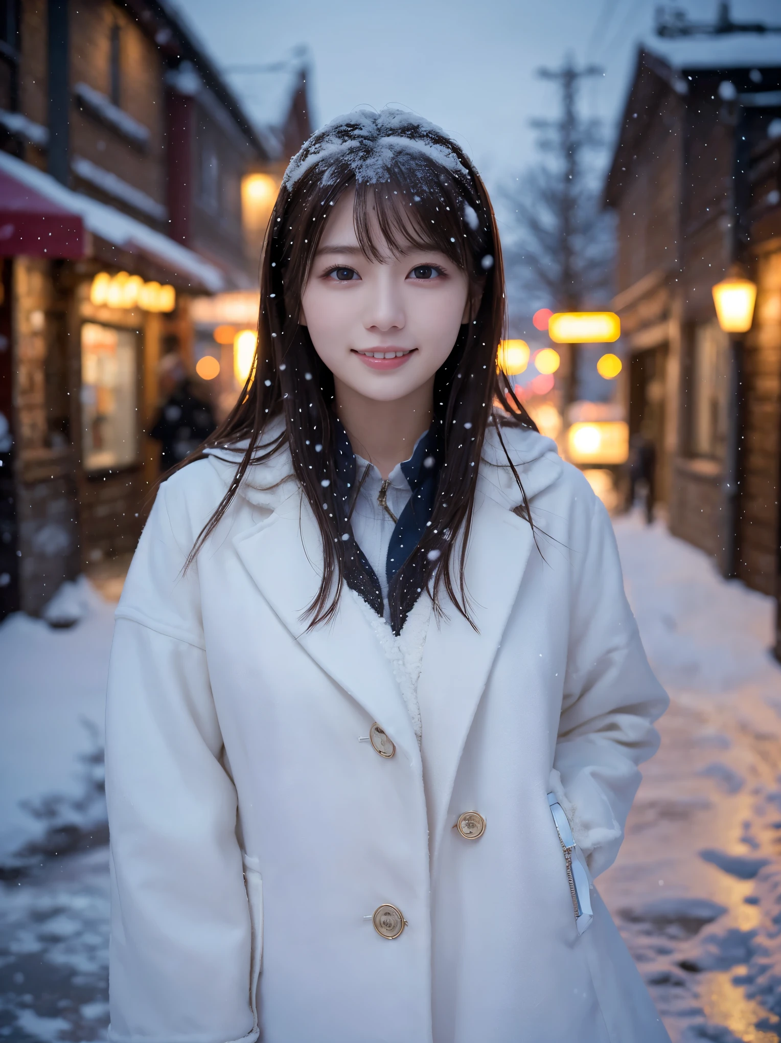 1 girl, (wear a platinum coat:1.2), (RAW photo, highest quality), (realistic, Photoreal:1.4), table top, very delicate and beautiful, very detailed, 2k wallpaper, wonderful, finely, very detailed CG Unity 8K 壁紙, super detailed, High resolution, soft light, beautiful detailed girl, very detailed目と顔, beautifully detailed nose, detailed and beautiful eyes, cinematic lighting, Illuminations coloring the city on a snowy night, snow scene, It's snowing, snow in my hair, perfect anatomy, slender body, taut,
straight semi-long hair, bangs, looking at the viewer, slight smile