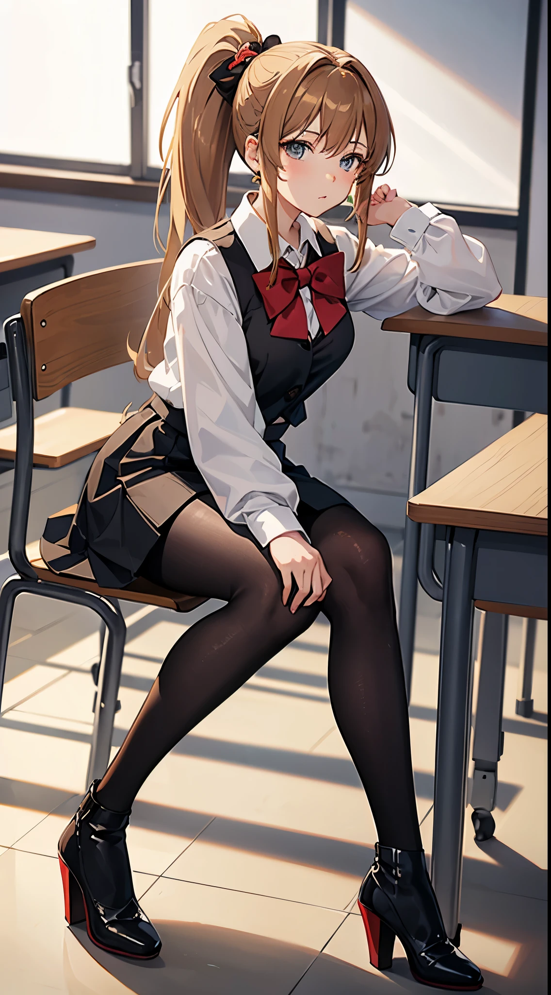 Anime woman with brown blonde hair, ponytail, bow wearing a white collared shirt, a black skirt, pantyhose and high heel boots in a classroom