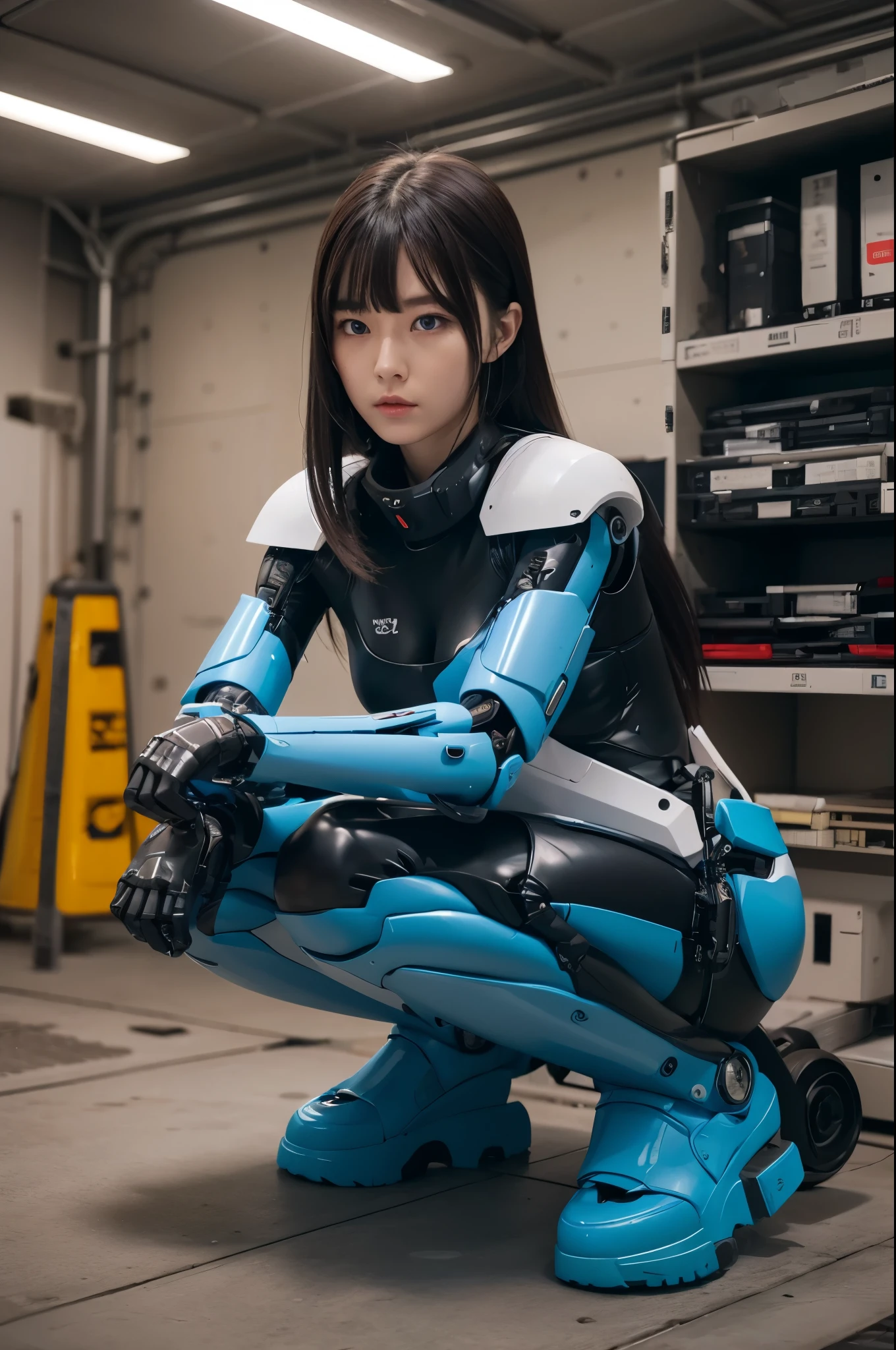 masterpiece, best quality, extremely detailed, Japanese android girl,Plump,control panels,Squat,Mechanical Hand,Robot arms and legs, black sponge joints,blunt bangs,white robot body,ceramic body,white long boots,perfect cyborg girl,charging spot,She is charging now,blue eyes