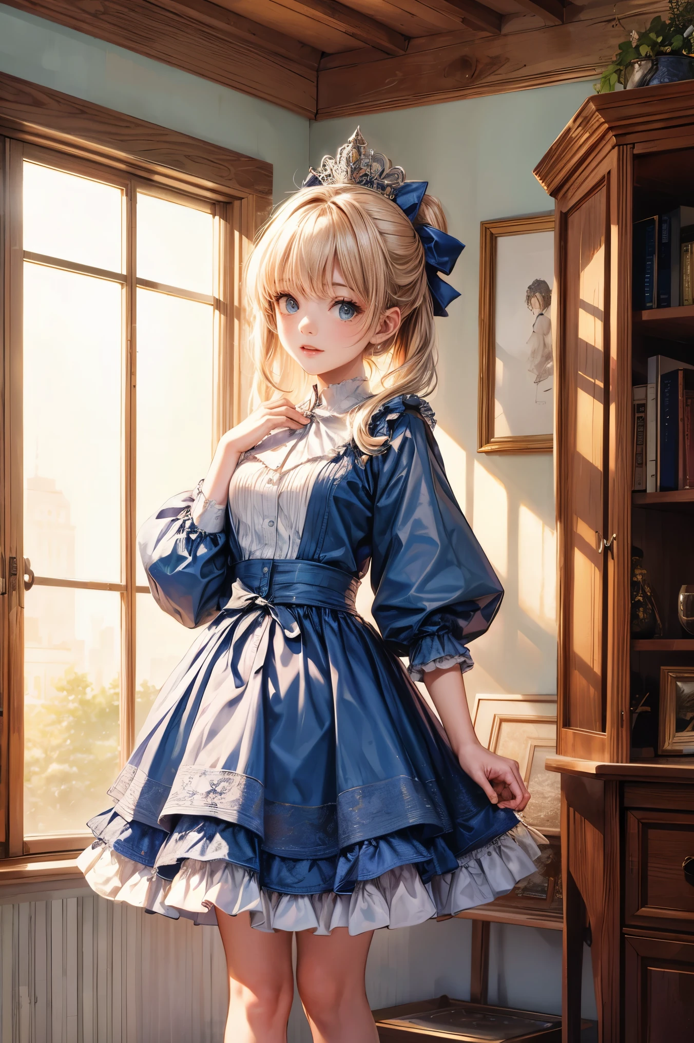 HDR,Hmm,8k, highest quality, masterpiece, very detailed, studio lighting, Physically based rendering, 1 girl, alone,
ball jointed doll, blush, alice in wonderland, have, blue clothes, high socks,