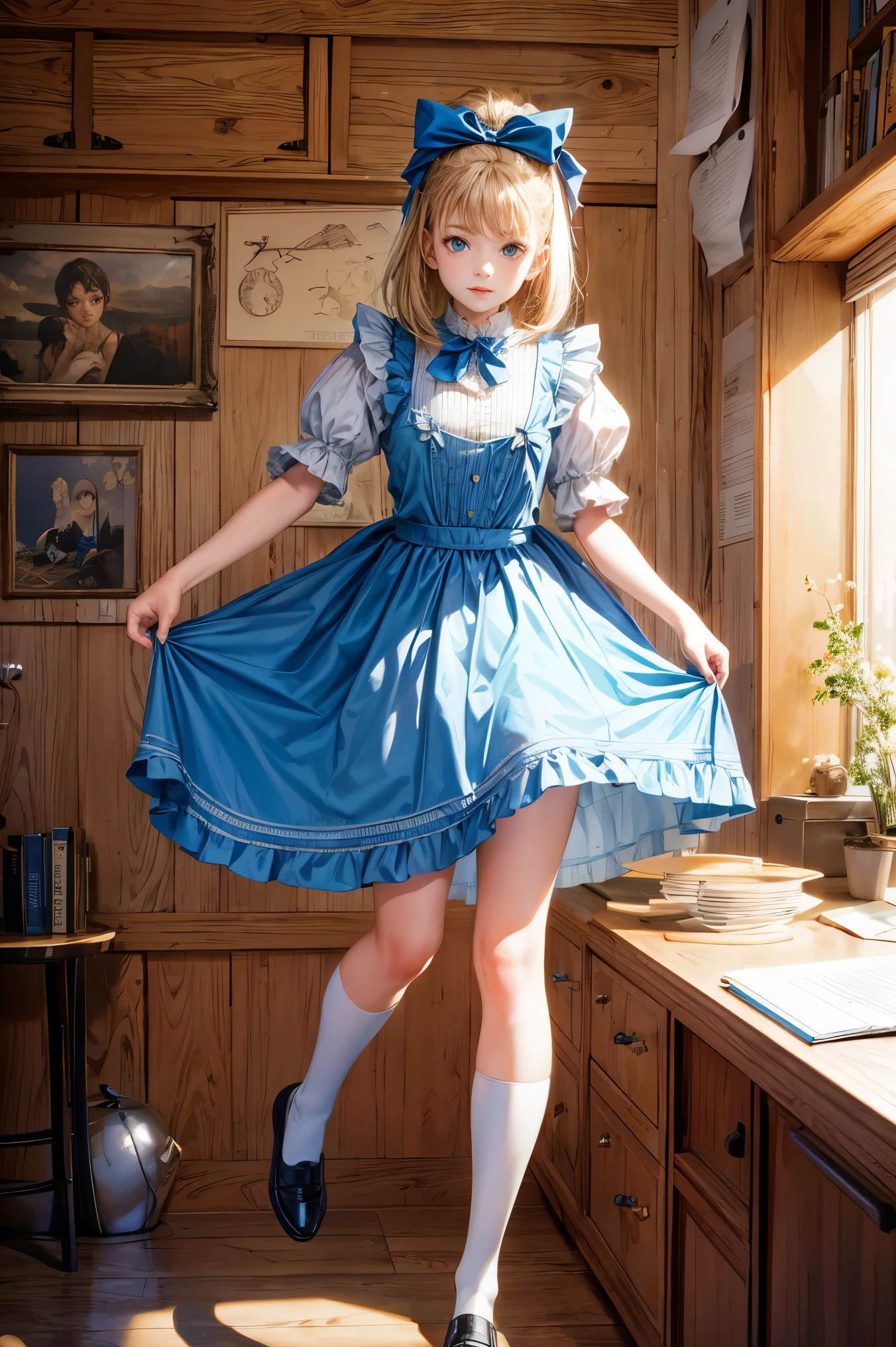 HDR,Hmm,8k, highest quality, masterpiece, very detailed, studio lighting, Physically based rendering, 1 girl, alone,
 ball jointed doll, blush, alice in wonderland, have, blue clothes, high socks,
