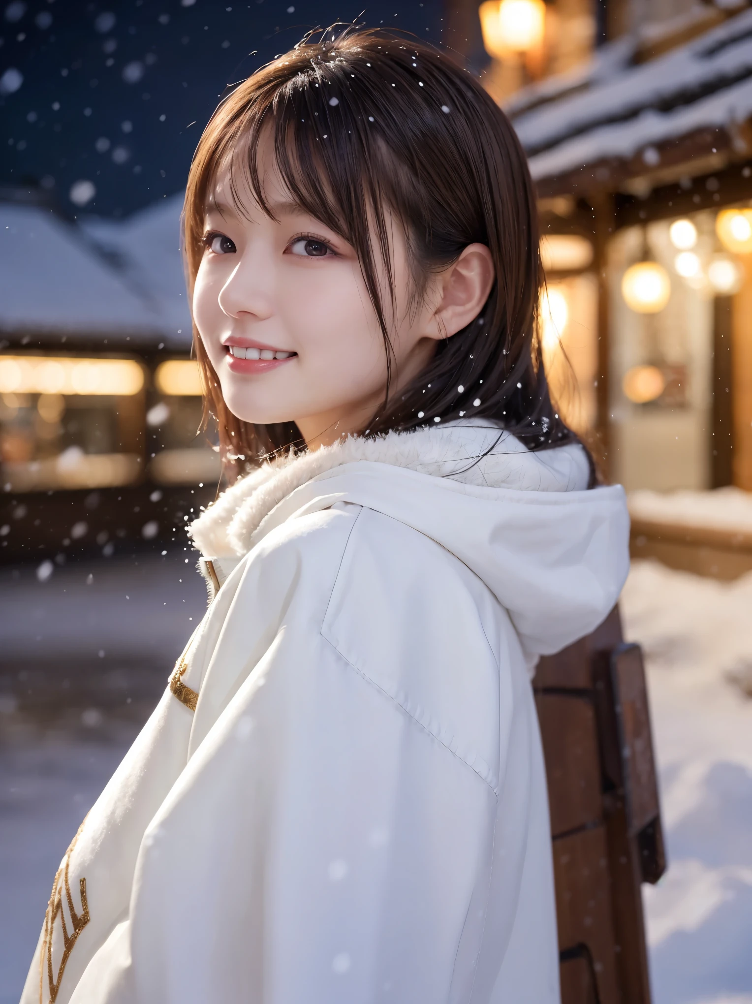 1 girl, (wear a platinum coat:1.2), (RAW photo, highest quality), (realistic, Photoreal:1.4), table top, very delicate and beautiful, very detailed, 2k wallpaper, wonderful, finely, very detailed CG Unity 8K 壁紙, super detailed, High resolution, soft light, beautiful detailed girl, very detailed目と顔, beautifully detailed nose, detailed and beautiful eyes, cinematic lighting, Illuminations coloring the city on a snowy night, snow scene, It's snowing, snow in my hair, perfect anatomy, slender body, taut,
straight semi-long hair, bangs, looking at the viewer, slight smile