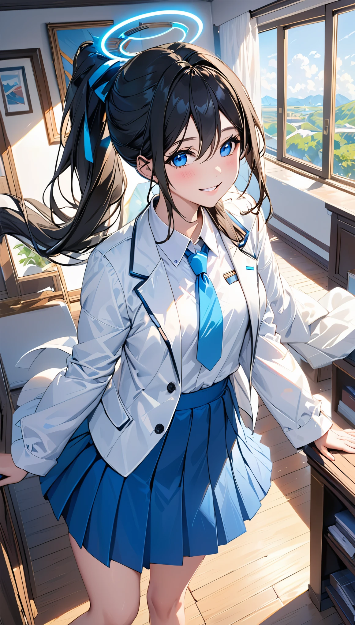 masterpiece, best quality, Super detailed, 1 girl, Aris, white jacket, White shirt, blue tie, pleated skirt, halo, indoors, Smile