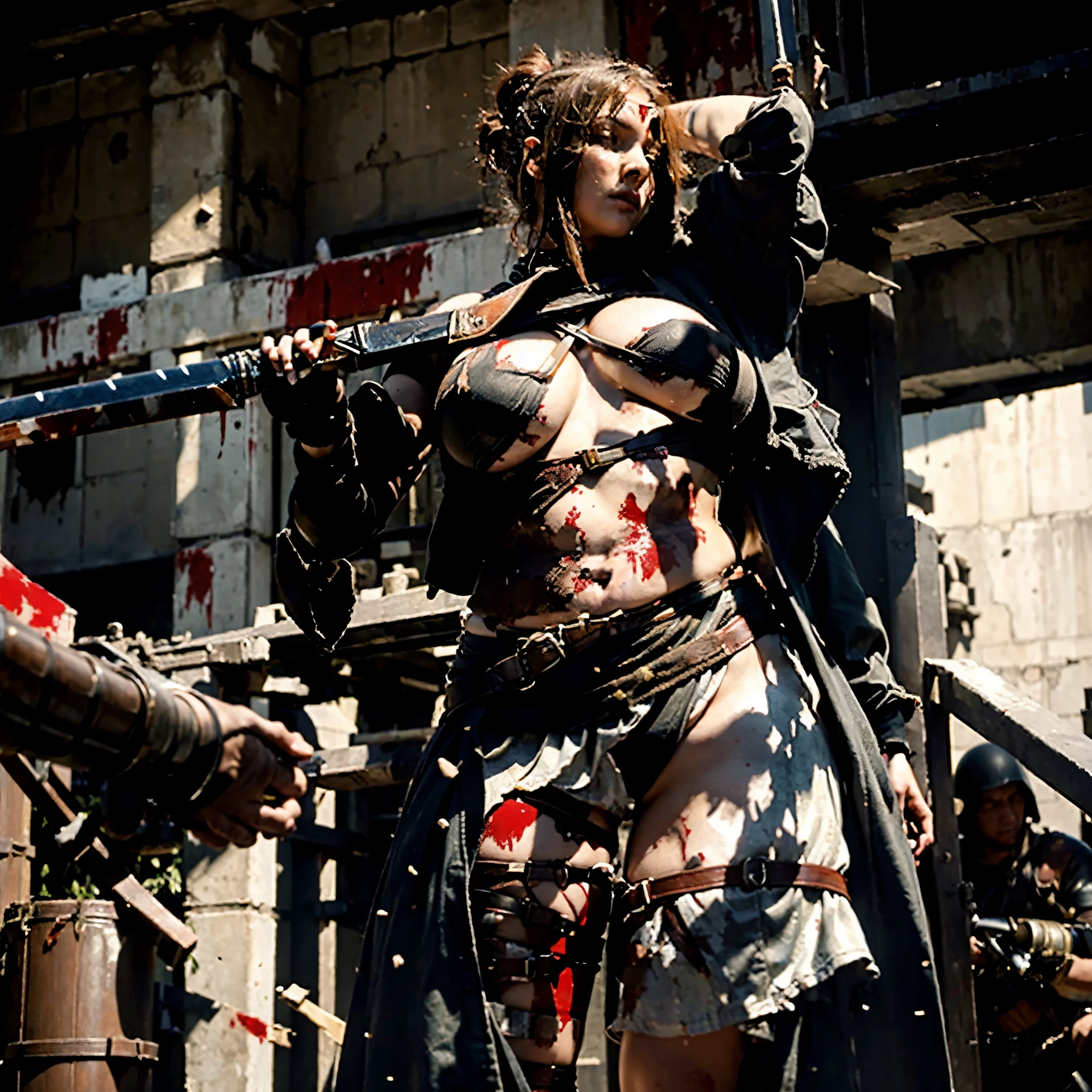 ((masterpiece)), ((best quality)), curvy, female kills male, female has big breasts, female exposes belly, female taller than male, tall, slaughter, war, killer, swords with blood, female is spattered by blood of male, female raises a head of male dead body, female warrior cuts off male head, males dead body, shot from below