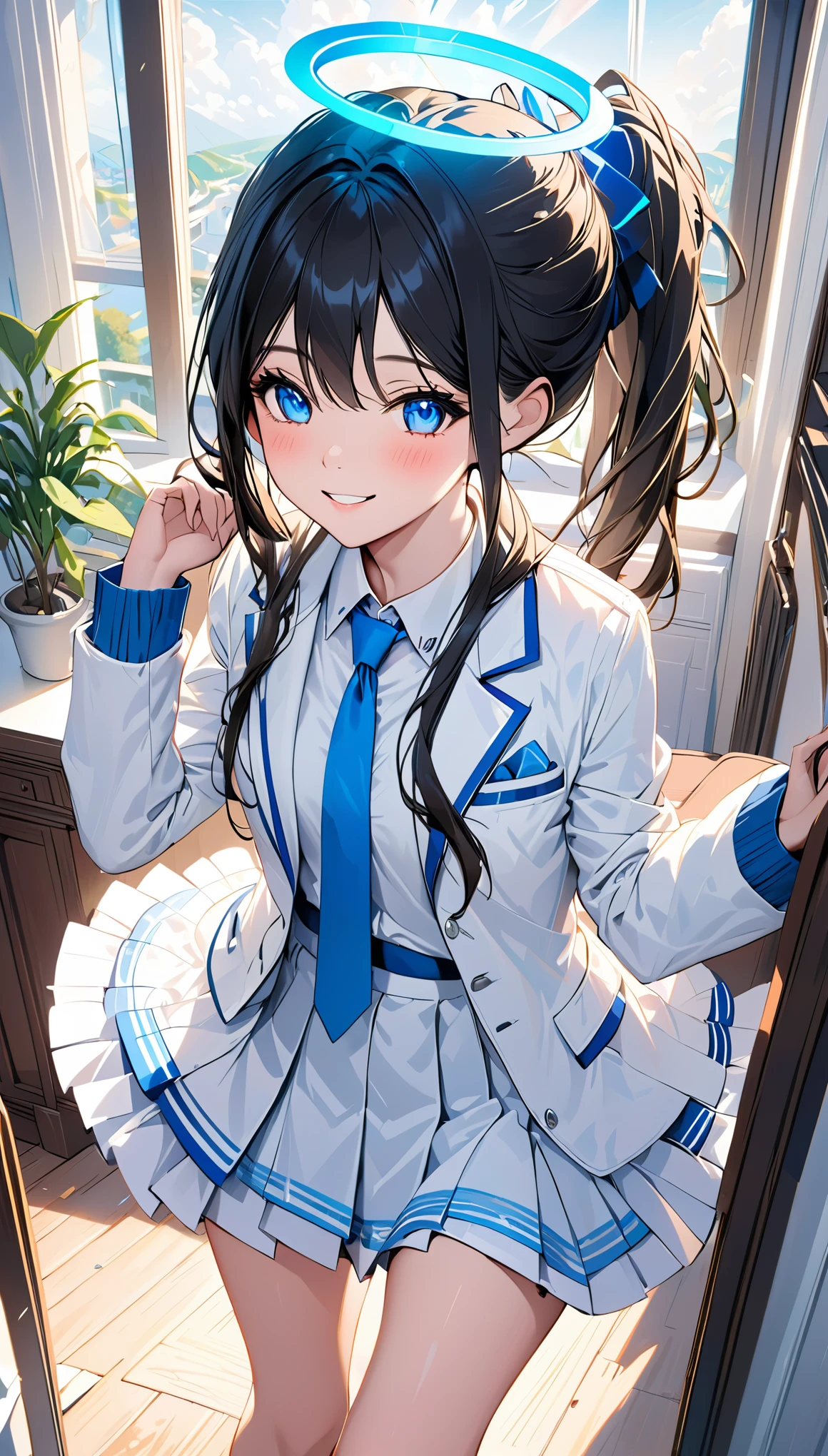 masterpiece, best quality, Super detailed, 1 girl, Aris, white jacket, White shirt, blue tie, pleated skirt, halo, indoors, Smile 