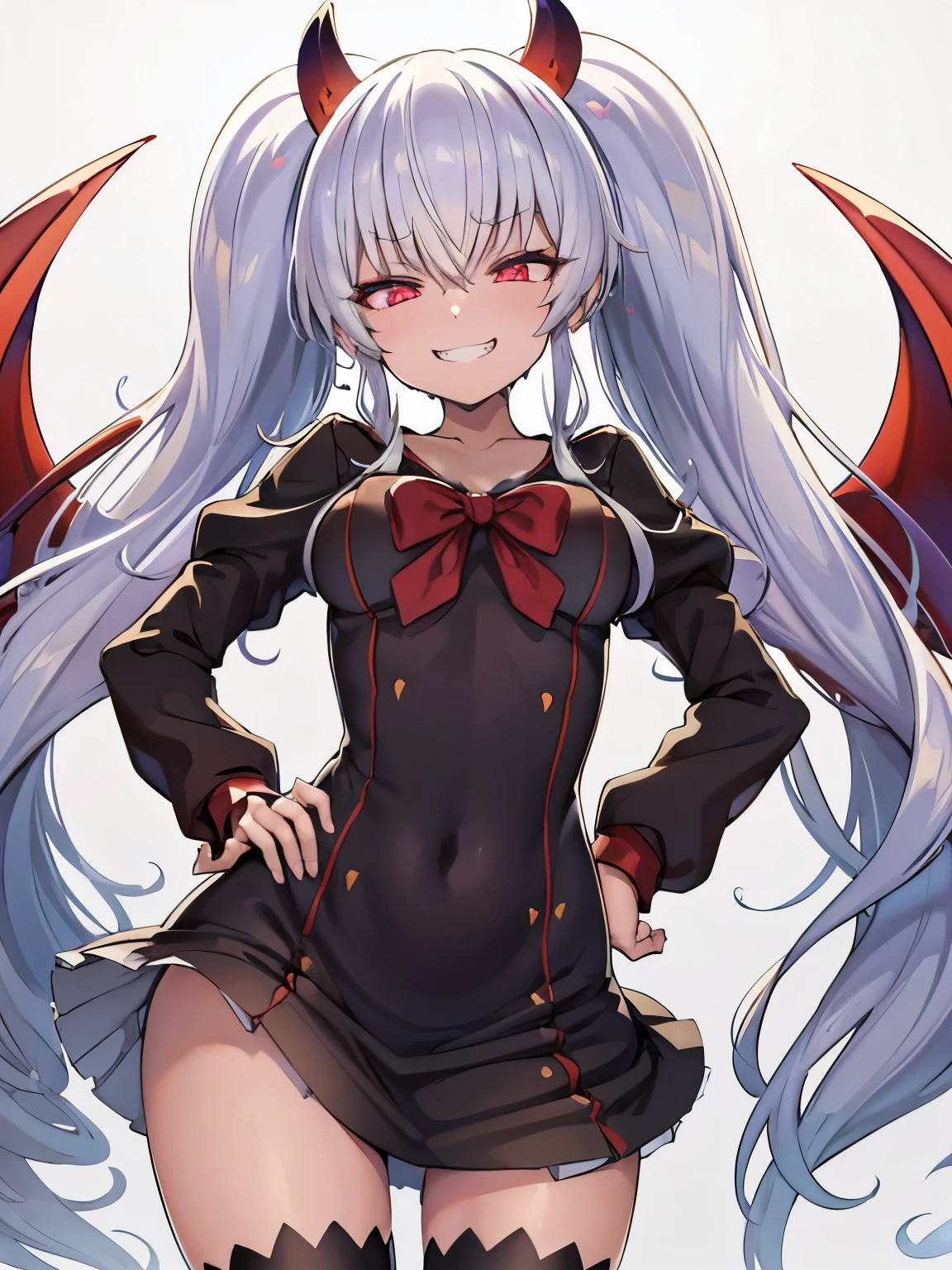 (grim aloe), demon horns, demon wings, demon tail, black dress, dynamic pose, grin, breasts, contrapposto, hands on hip, (masterpiece), (best quality), (ultra-detailed), (illustration), (an extremely delicate and beautiful), game cg, beautiful eyes, heart-shaped eyes, dynamic angle, intense angle,