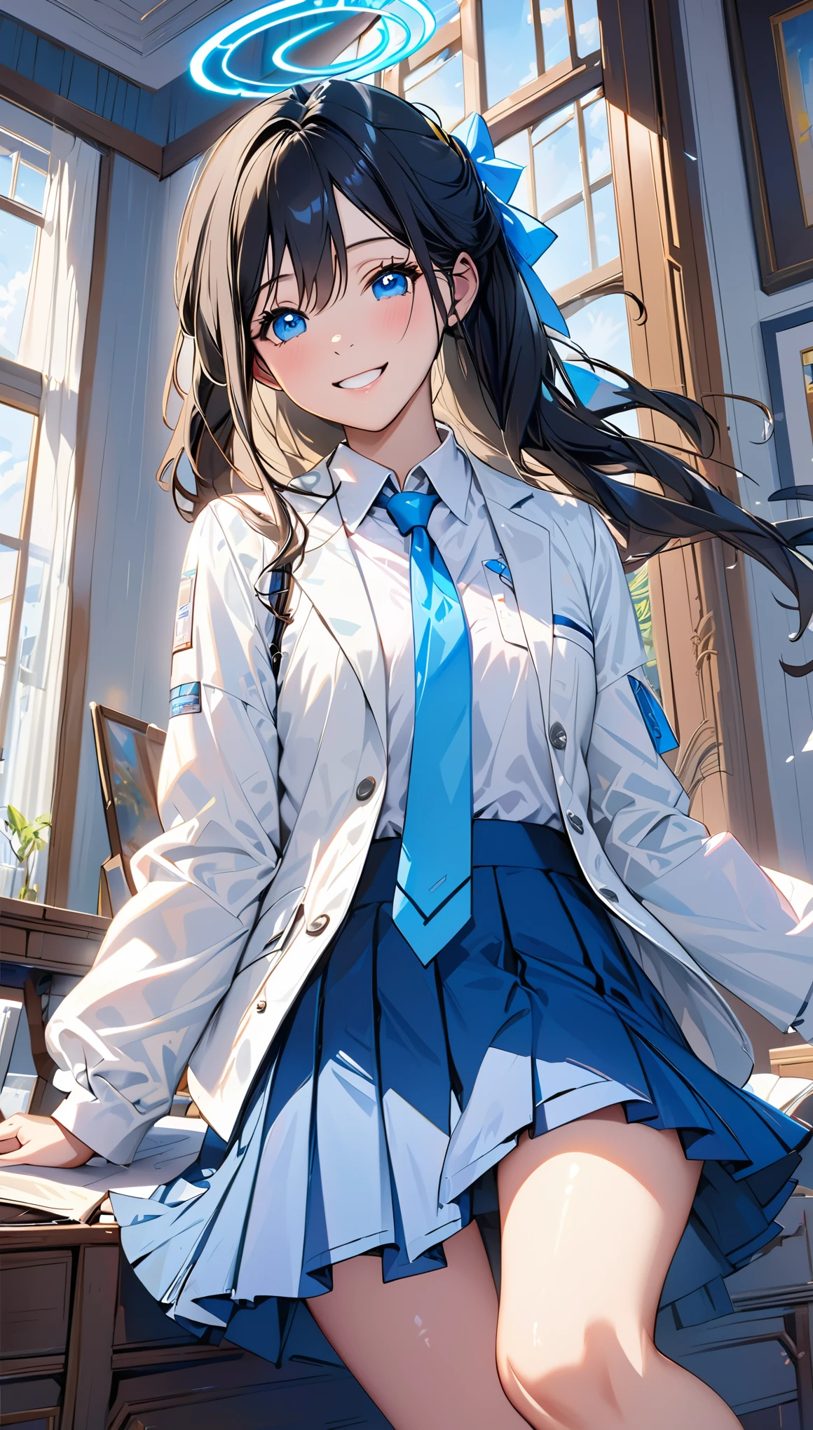 masterpiece, best quality, Super detailed, 1 girl, Aris, white jacket, White shirt, blue tie, pleated skirt, halo, indoors, Smile