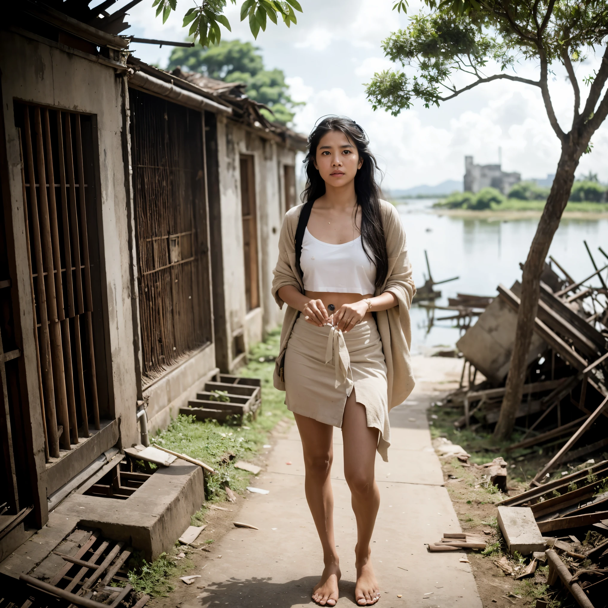 Scene: Beneath a sky filtered by fluffy clouds (casting dappled light and long shadows across the ruins), a lone Thai woman stands amidst the remnants of a bygone era (crumbling concrete and twisted steel hinting at the world that was). A lone, wind-battered tree clings to life in the distance. A shimmering river reflects the scene (its surface occasionally broken by the ripples from a nearby waterfall).
Woman's Attire: Gone are the futuristic elements. Here, practicality reigns supreme. She wears a simple, faded pha nung (Thai wraparound skirt) (hitched high to allow for movement in the water), paired with a lightweight, sweat-wicking farmer's shirt. A straw hat protects her face and neck from the harsh sun (a symbol of both resilience and respect for tradition). Her long hair is pulled back in a practical bun, secured with a brightly colored hairpin. Mud splatters her bare legs, a testament to her dedication.
Overall Vibe: We're ditching the post-apocalyptic chic. This woman is an embodiment of hope and perseverance. Her gaze meets the viewer's directly (a spark of determination and quiet pride in her eyes). In her hand, she clutches a handful of rice seedlings (a symbol of renewal and the promise of a future rebuilt).