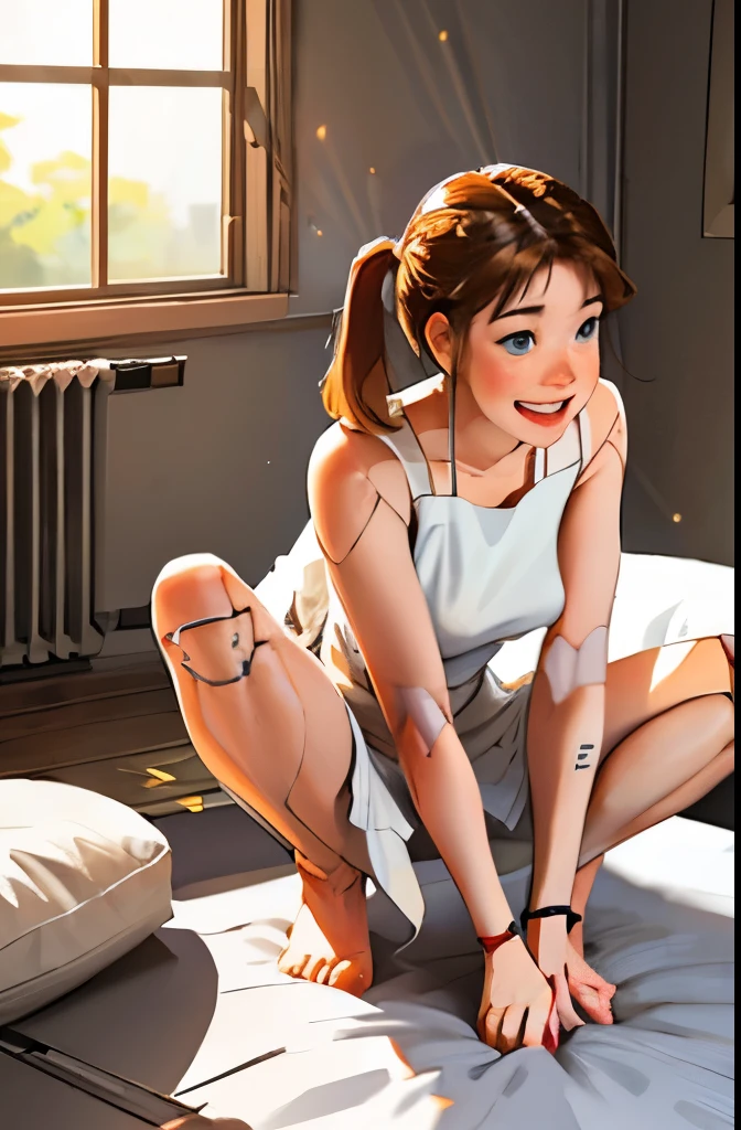 A Female robot wears white plain dress. She is laughing happily in bed room, spread legs, nude, banzai pose,  Brown short hair is tied with two big red clothespins, She lifts up the under hem of her white plain dress, leaning over, masterpiece, very short pigtails,brown hair, mature, android, blue eyes, full body figure, Height: 160cm, flushed cheeks, 2020s anime picture, she is loved in missionary angle, A beautiful robot with short brown hair in two short pigtails held up by two very large huge red clothespins, Uplifting, No NSFW, whole body, barefoot, archaic smile, getting orgasm, 25 years old, sweat bucket,  She is half sitting posture or crouching position.