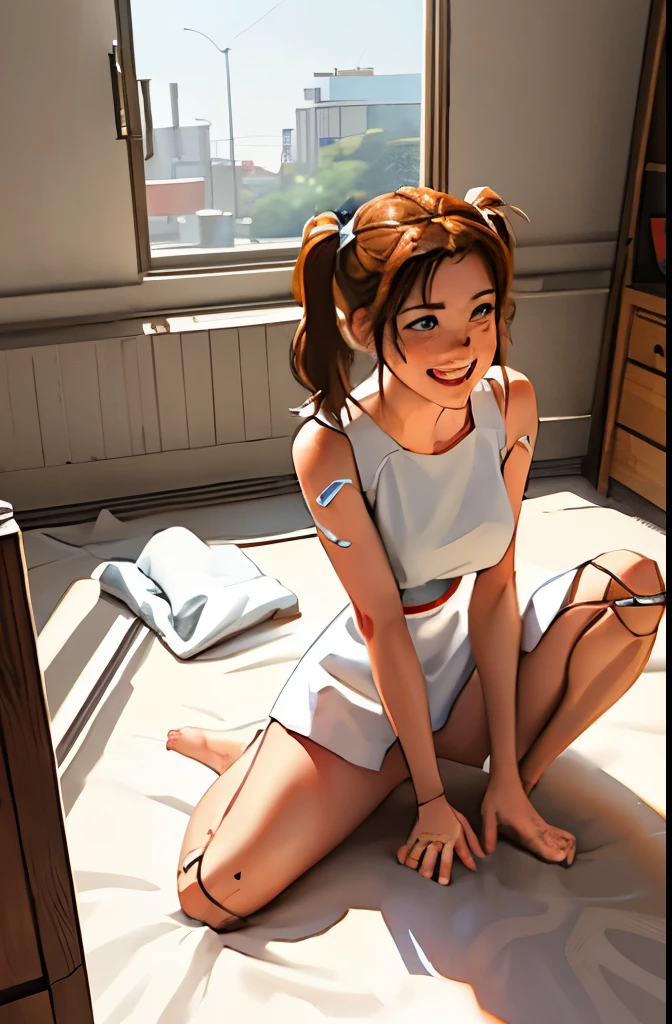 A Female robot wears white plain dress. She is laughing happily in bed room, spread legs, nude, banzai pose,  Brown short hair is tied with two big red clothespins, She lifts up the under hem of her white plain dress, leaning over, masterpiece, very short pigtails,brown hair, mature, android, blue eyes, full body figure, Height: 160cm, flushed cheeks, 2020s anime picture, she is loved in missionary angle, A beautiful robot with short brown hair in two short pigtails held up by two very large huge red clothespins, Uplifting, No NSFW, whole body, barefoot, archaic smile, getting orgasm, 25 years old, sweat bucket,  She is half sitting posture or crouching position.