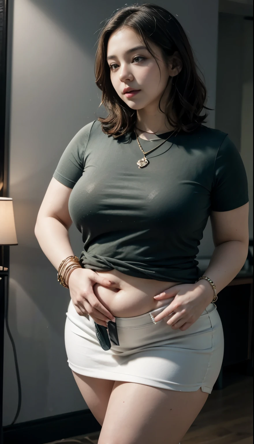 ((best quality)), ((masterpiece)), (detailed), perfect face, araffe woman in a long dark green shirt and 1/3 white denim skirt walking in black room , thicc, wavy short hair , she has a jiggly fat round belly, bbwchan, wearing tight simple clothes, skinny waist and thick hips, widest hips, her belly is fat and round, soft curvy shape, hyperrealistic full figure, wearing a cute top, wide hips, wearing 10 bracelet , wearing huge diamond necklace