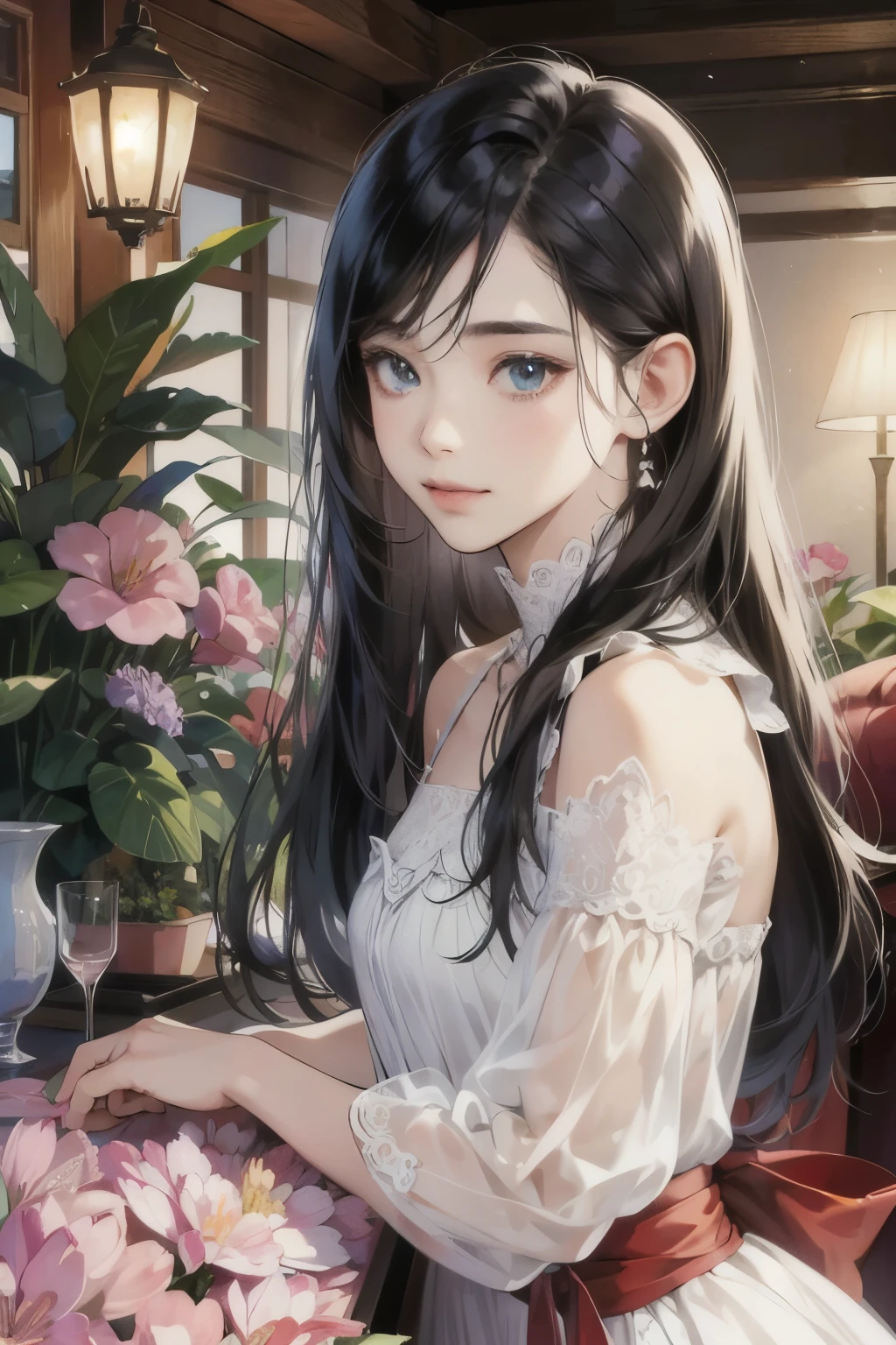 (table top, digital art, digital illustration, 4k, 8k, Super detailed, beautiful images, clear image, realistic, RAW photo, perfect face, perfect lines, perfect eyes, soft lighting) ,1 female, (long black hair,straight hair,bullish look,Beautiful woman,small breastake up well,23 years old,:1.3),Two handsome men in suits, (human,muscular,solid shoulder width, human,boyish hairstyle,English gentleman'Style,A man in his 30s with a cool expression,28 year old man with a bright 笑顔:1.2),Show your white teeth and 笑顔(embarrassing,shy smile:1.1),garden full of light、Squirting、resort sofa、colorful flowers、couple、coupleキス、romance porn、ハグし合うcouple、look at each other、bar、bar、counter