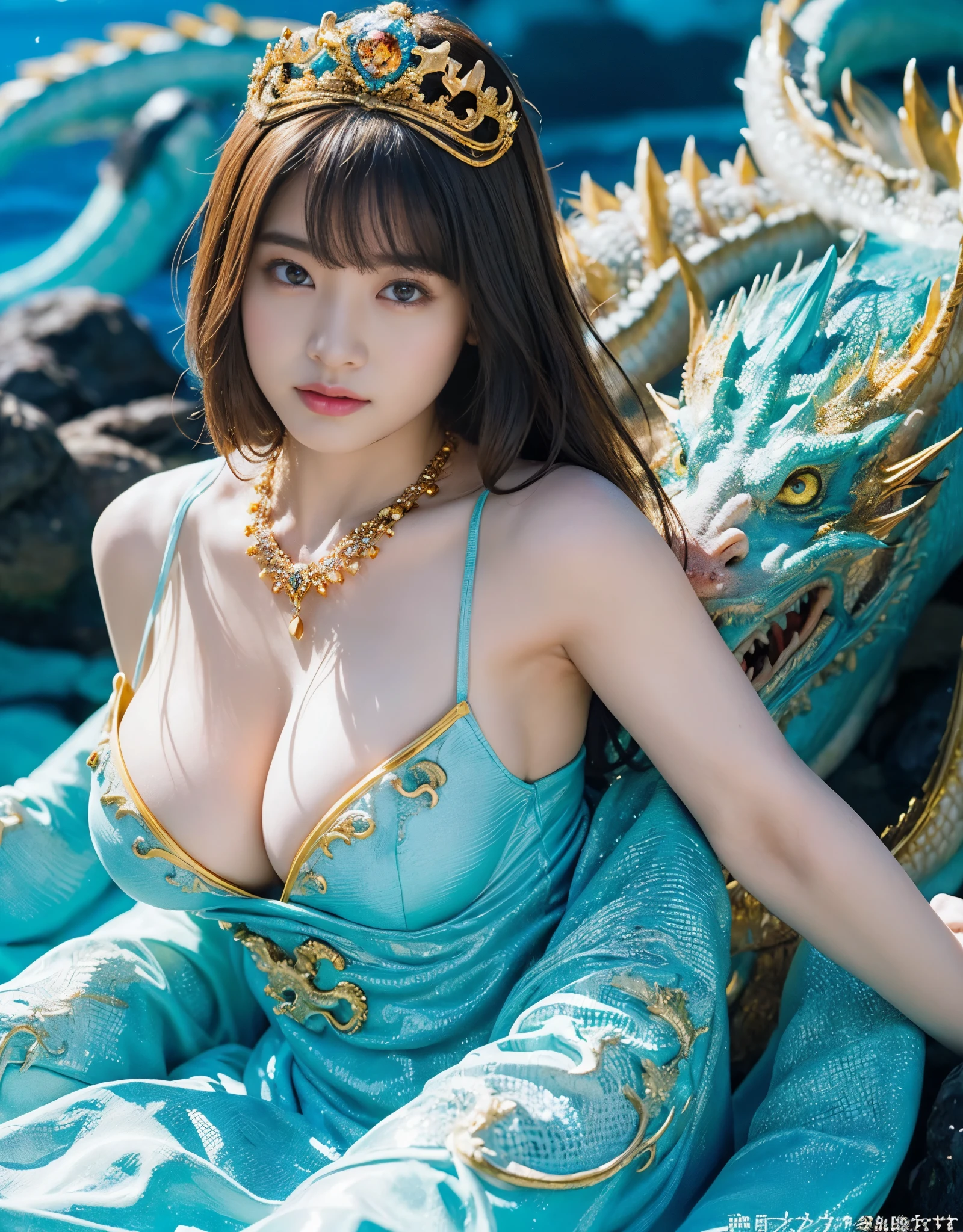 (very heavy chest)、highest quality、masterpiece、ultra high resolution、(ice dragon armor)、(((Metal製))),(((big breasts)))、(((Yellow Micro Bikini))),(she wears a beautiful crown made of precious stones.),(Photoreal:1.4)、RAW photo、1 girl、(((random hair))、(((color々take a pose)))、glowing skin、(((water chinese dragon)))、intricate and gorgeous hair ornaments、(looks like a gorgeous necklace)、(someone who looks at you calmly, Eyes like a goddess.)happiness:1.2).((beautiful sea background))、cliff、(ruins background)、((Ultra realistic details))、portrait、global illumination、(sexy pose)、Shadow、octane rendering、16k、big breasts、Raw skin exposed in the cleavage、Metal、intricate decorative details、Japan details、very intricate details、realistic light、CG Society Trenlow Eyes、Eyes shining towards the camera、()、(((heavy big))),Shining eyes shine、armpit、24k,Ice Effect、It's snowing、