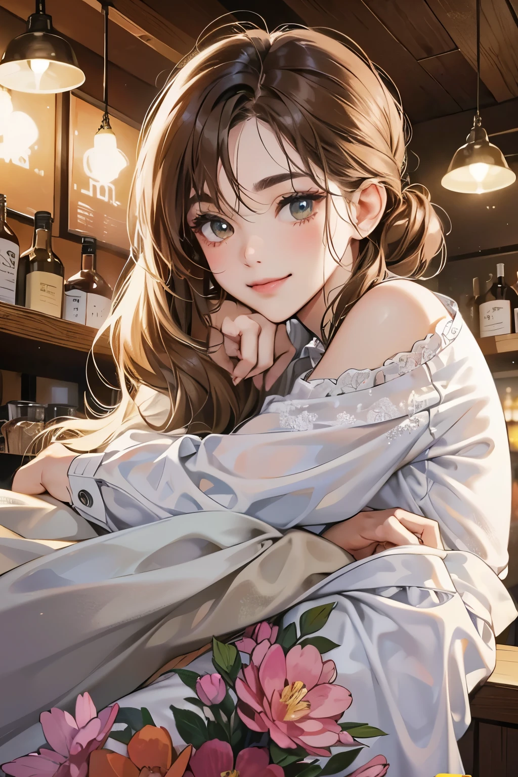 (table top, digital illustration, 4k, 8k, Super detailed, beautiful images, clear image, perfect face, perfect lines, perfect eyes, soft lighting) 1 female, (light brown hair,chignon hair,innocent look,droopy eyebrows,droopy eyes、With a round face,round chin、innocence,cute,Big eyes,natural makeup,smile gently,E cup,23 years old:1.3),Two handsome men in suits, (human,man in suit,muscular,solid shoulder width, boyish hairstyle,A man in his 30s with a cool expression,28 year old man with a bright smile:1.2),garden full of light、lots of flowers、Squirting、colorful flower light,(embarrassing,shy smile:1.2),resort sofa,kiss、カップルkiss、romance porn、couple of man and woman hugging each other、bar、counter、bar