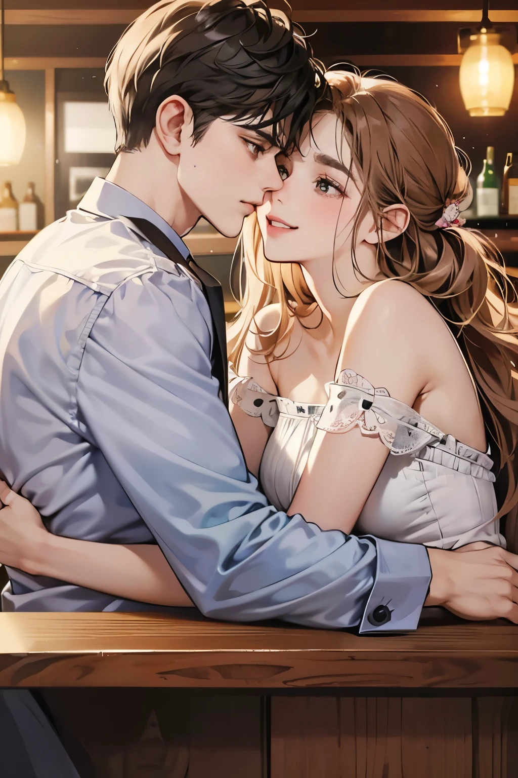 (table top, digital illustration, 4k, 8k, Super detailed, beautiful images, clear image, perfect face, perfect lines, perfect eyes, soft lighting) 1 female, (light brown hair,chignon hair,innocent look,droopy eyebrows,droopy eyes、With a round face,round chin、innocence,cute,Big eyes,natural makeup,smile gently,E cup,23 years old:1.3),Two handsome men in suits, (human,man in suit,muscular,solid shoulder width, boyish hairstyle,A man in his 30s with a cool expression,28 year old man with a bright smile:1.2),garden full of light、lots of flowers、Squirting、colorful flower light,(embarrassing,shy smile:1.2),resort sofa,kiss、カップルkiss、romance porn、couple of man and woman hugging each other、bar、counter、bar
