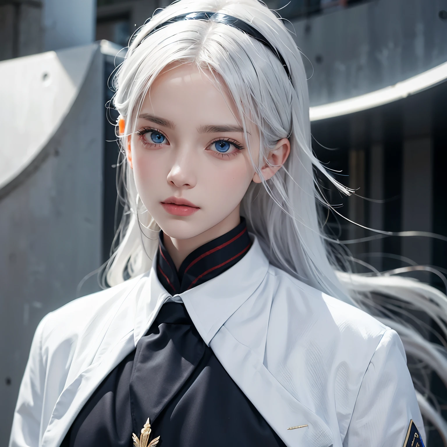 Boy, white hair, blue eyes, serious sharp features, white skin, school uniform