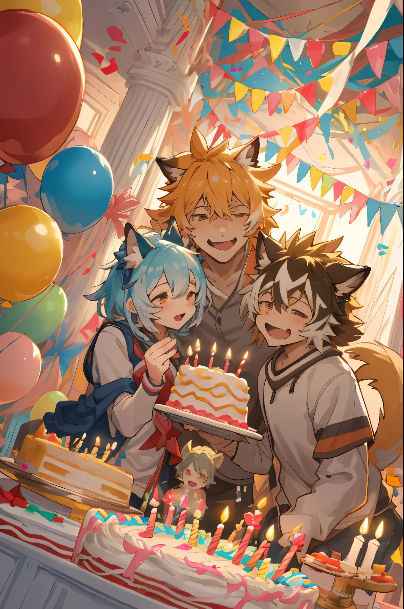 cover page, anime key visual, highres, top quality, best quality, paid reward available, High-quality illustrations, unparalleled masterpiece, perfect artwork, absurdres(A family at a birthday party,  blowing out candles on a birthday cake)(room decorated with balloons and streamers, festive and colorful atmosphere)(kemono parents of diverse descents smiling and clapping)perfect anatomy, cake with candles and colorful icing, joyful and celebratory mood, special family moment, fan-created work shared on platforms Pixiv or Twitter, cinematic lighting, dynamic angle,