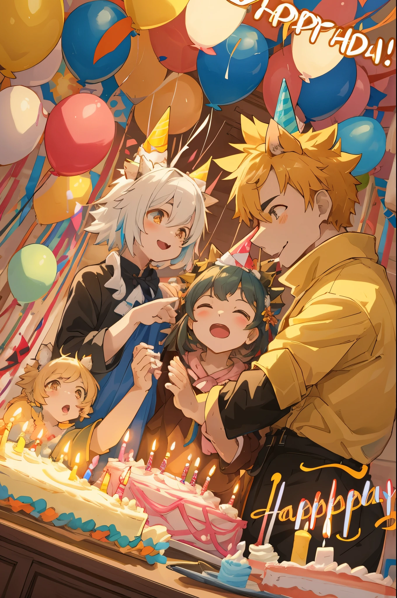 cover page, anime key visual, highres, top quality, best quality, paid reward available, High-quality illustrations, unparalleled masterpiece, perfect artwork, absurdres(A family at a birthday party,  blowing out candles on a birthday cake)(room decorated with balloons and streamers, festive and colorful atmosphere)(kemono parents of diverse descents smiling and clapping)perfect anatomy, cake with candles and colorful icing, joyful and celebratory mood, special family moment, fan-created work shared on platforms Pixiv or Twitter, cinematic lighting, dynamic angle,