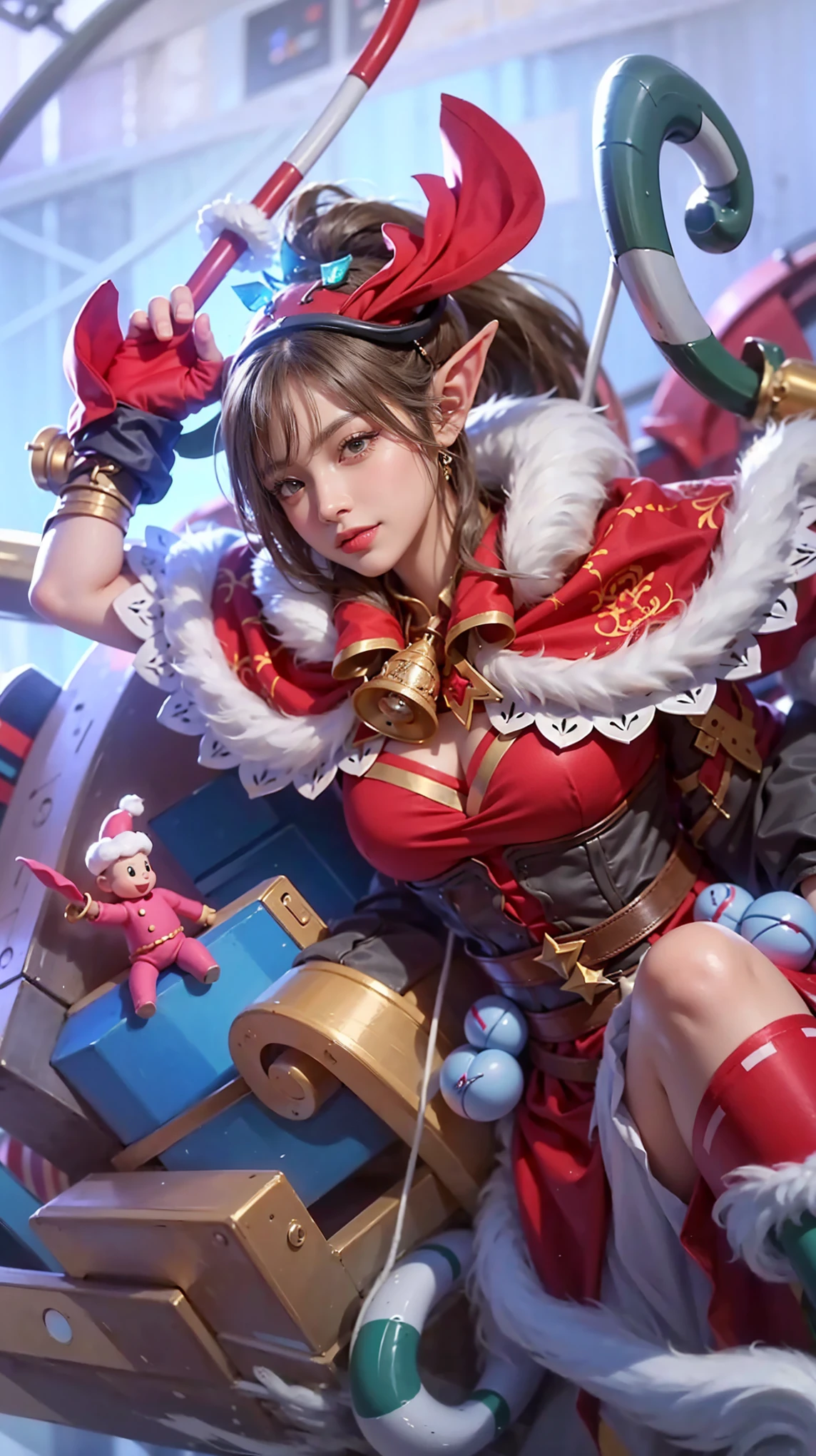 Masterpiece, best picture quality, high quality, beautiful woman, Japanese, popular Korean makeup, detailed, swollen eyes, detailed eyes, detailed skin, beautiful skin, ultra high resolution, (reality: 1.4),very beautiful, slightly younger face, beautiful skin, slender, (ultra realistic), (illustration), (high resolution), (8K), (very detailed) (best illustration), (beautifully detailed eyes), (super detailed), (wallpaper), (detailed face), looking at viewer, fine details, detailed face, pureerosfaceace_v1, smiling, looking straight ahead, looking straight ahead, angle from waist up, realistic photo, bright lighting, professional lighting, blue hair (some of hair part green), long hair, dark ruins, big red moon, gorgeous red and black dress, mature woman, long stylish bangs, elf ear,