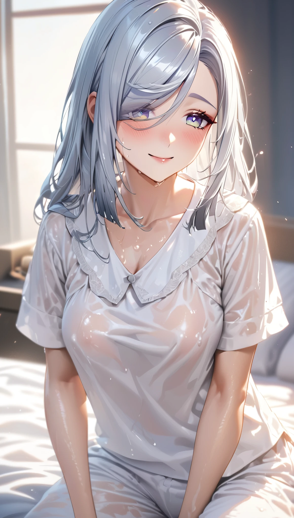 shenhe, long grey hair, beautiful face,smiling,close up to hips, moderate breast:1.1,sitting on a bed,wearing white pajamas, (open mouth:0.4),illustration,detailed textures,ultra-detailed(realistic),portrait style,vivid colors,soft lighting. blushing,, wet body