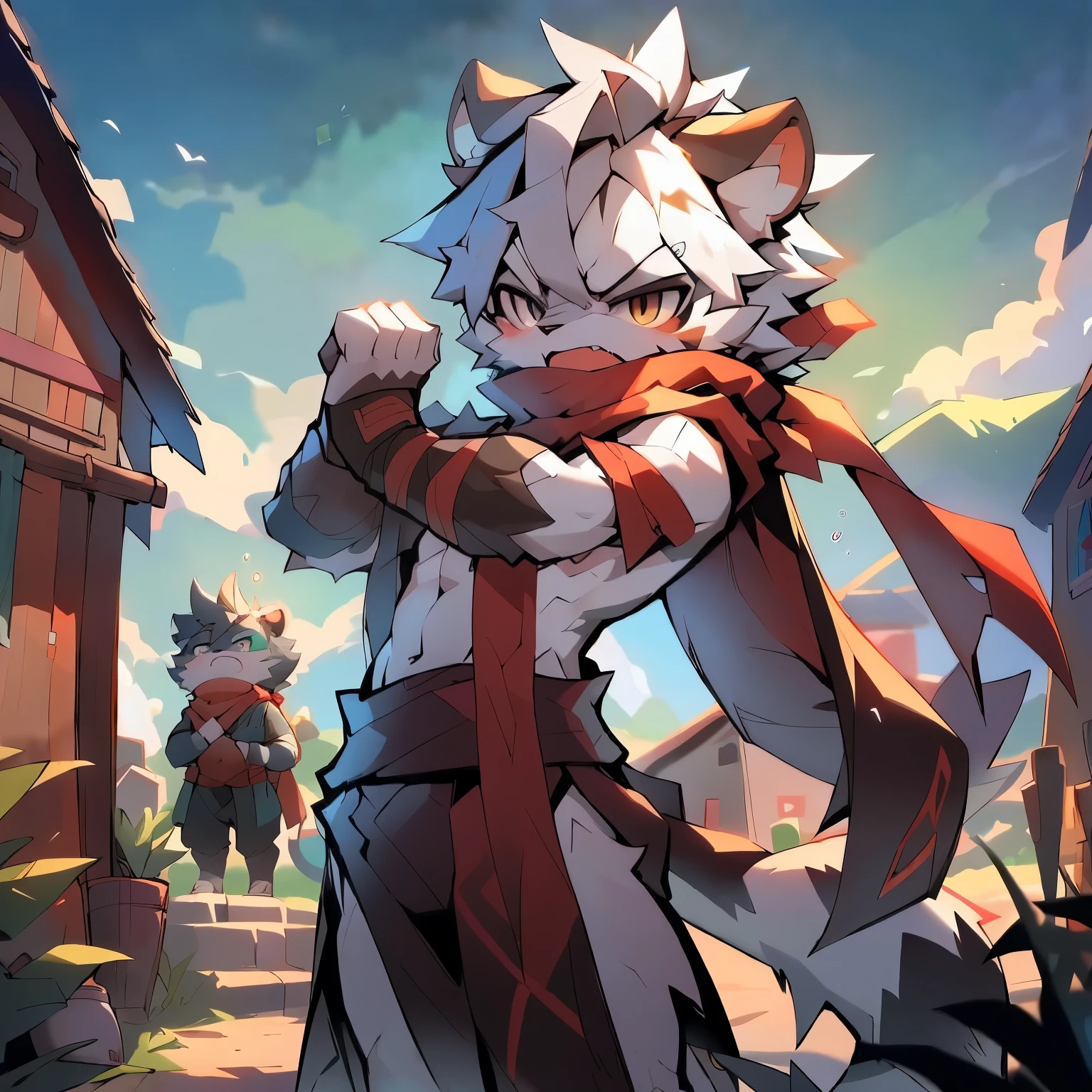 male,village background,gray male white tiger,tough expression,long hair,naked,mouth scarf,Ninja,long hair,intoxication,somnolence,serious expression,hero,stretching