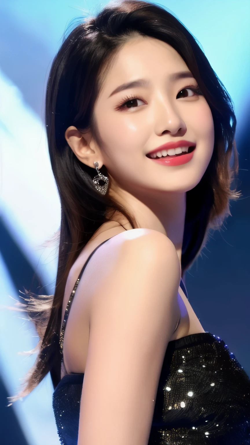 best quality, ultra-high resolution, real, photorealistic, 16K, BREAK, a Korean girl, cute, (full body:1.2), slender, BREAK, highly detailed hair, (glossy black hair), highly-detailed face, well-defined facial features, detailed eyes, detailed skin, (very white skin), detailed lips, smile, singing, drunk, BREAK, highly-detailed clothings, K-pop dancer's costume, glossy, long and puffy sleeves, BREAK, (detailed background, on a stage, mirror balls)