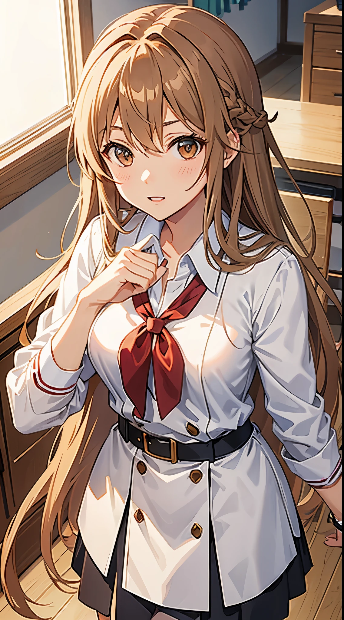 Asuna from Sword Art Online with light brown hair wearing a school uniform