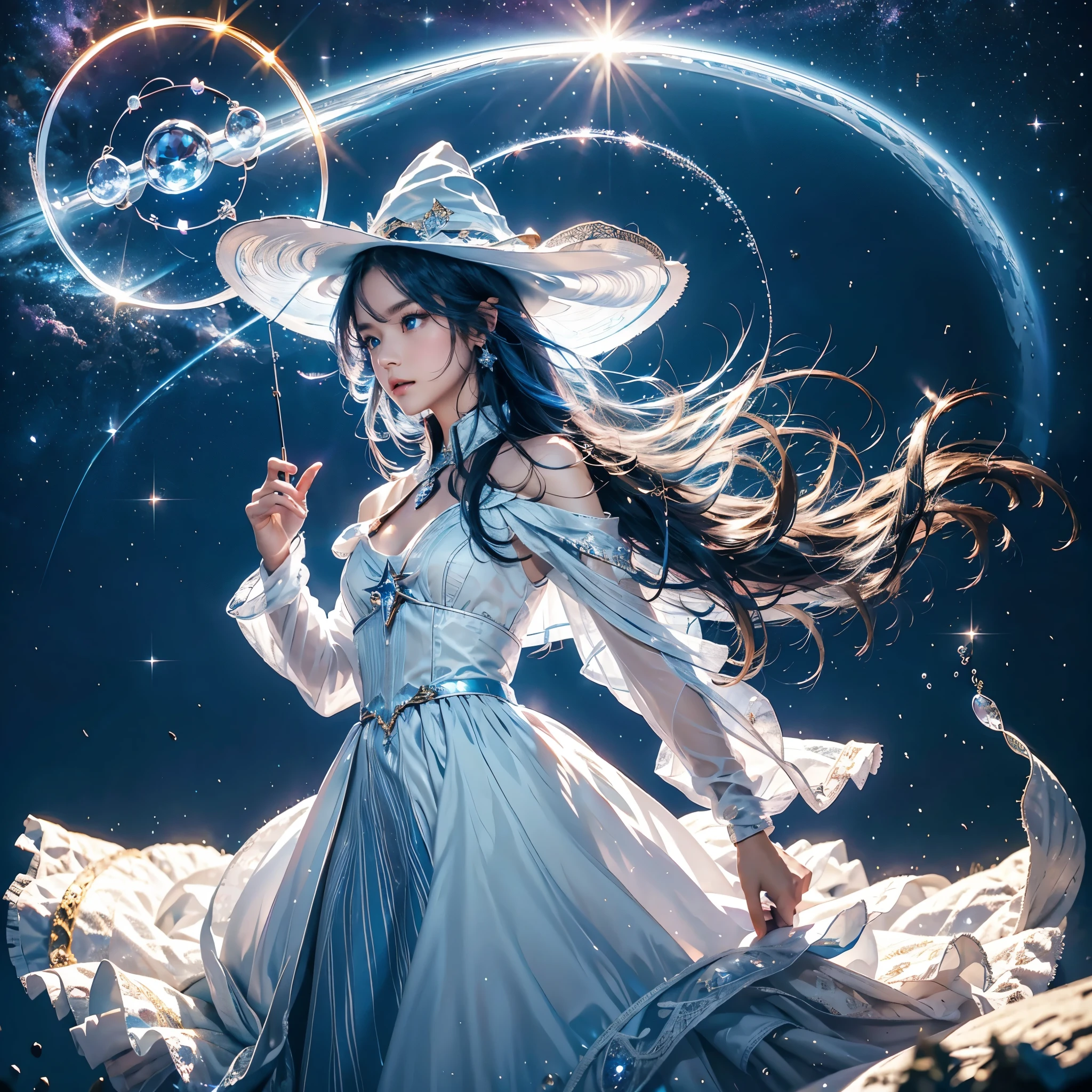 best quality,masterpiece,16k,1girl,aurora,blue eyes,blue hair,constellation,constellation print,diffraction spikes,dress,earrings,earth \(planet\),fireworks,galaxy,glint,hat,jewelry,light particles,light rays,light trail,long hair,Energy circle,Magic Formation,Concentric circle,long sleeves,magic,magic circle,milky way,night,night sky,planet,shooting star,sky,solo,space,sparkle,sparkle background,star \(sky\),star \(symbol\),starry background,starry sky,starry sky print,very long hair,wings