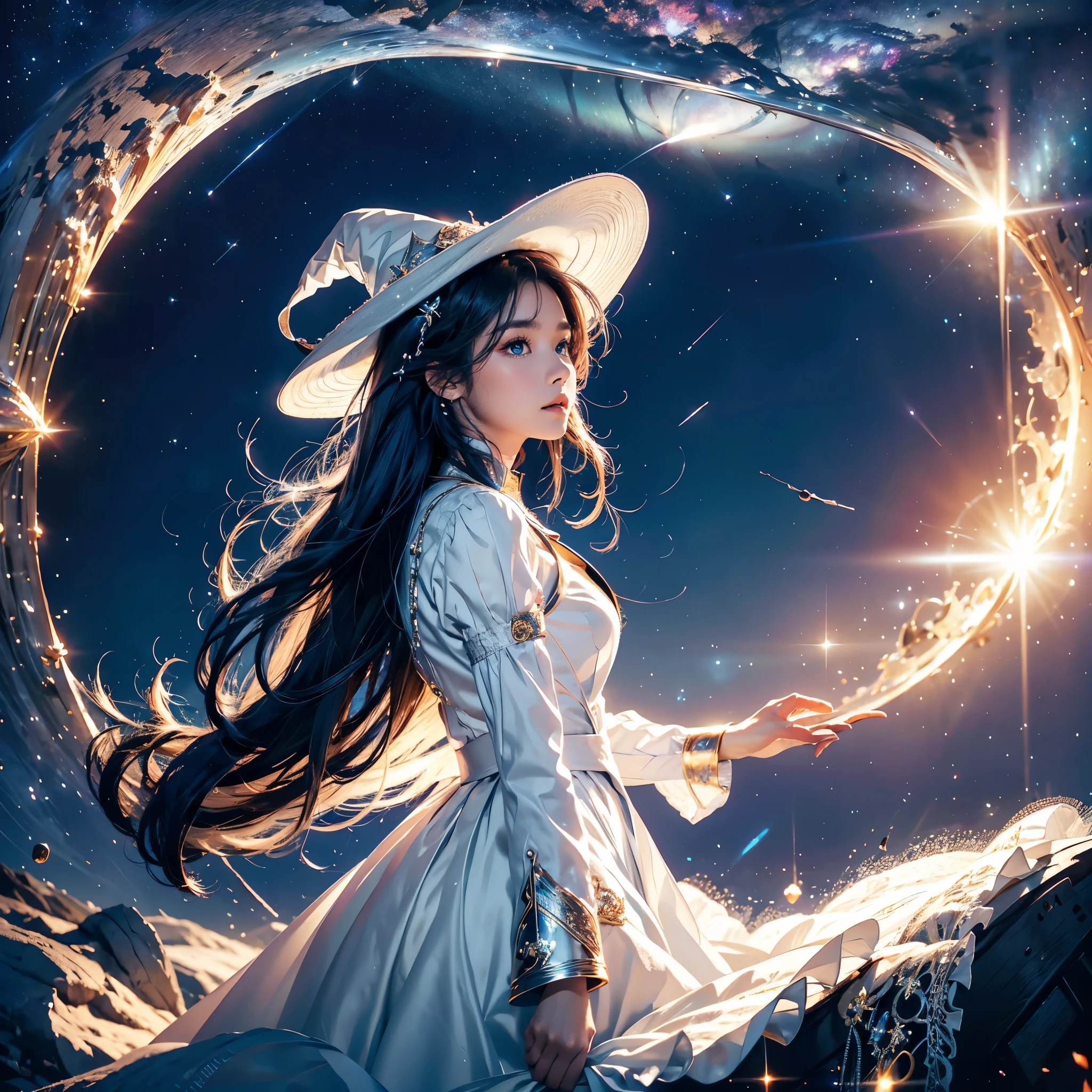 best quality,masterpiece,16k,1girl,aurora,blue eyes,blue hair,constellation,constellation print,diffraction spikes,dress,earrings,earth \(planet\),fireworks,galaxy,glint,hat,jewelry,light particles,light rays,light trail,long hair,Energy circle,Magic Formation,Concentric circle,long sleeves,magic,magic circle,milky way,night,night sky,planet,shooting star,sky,solo,space,sparkle,sparkle background,star \(sky\),star \(symbol\),starry background,starry sky,starry sky print,very long hair,wings
