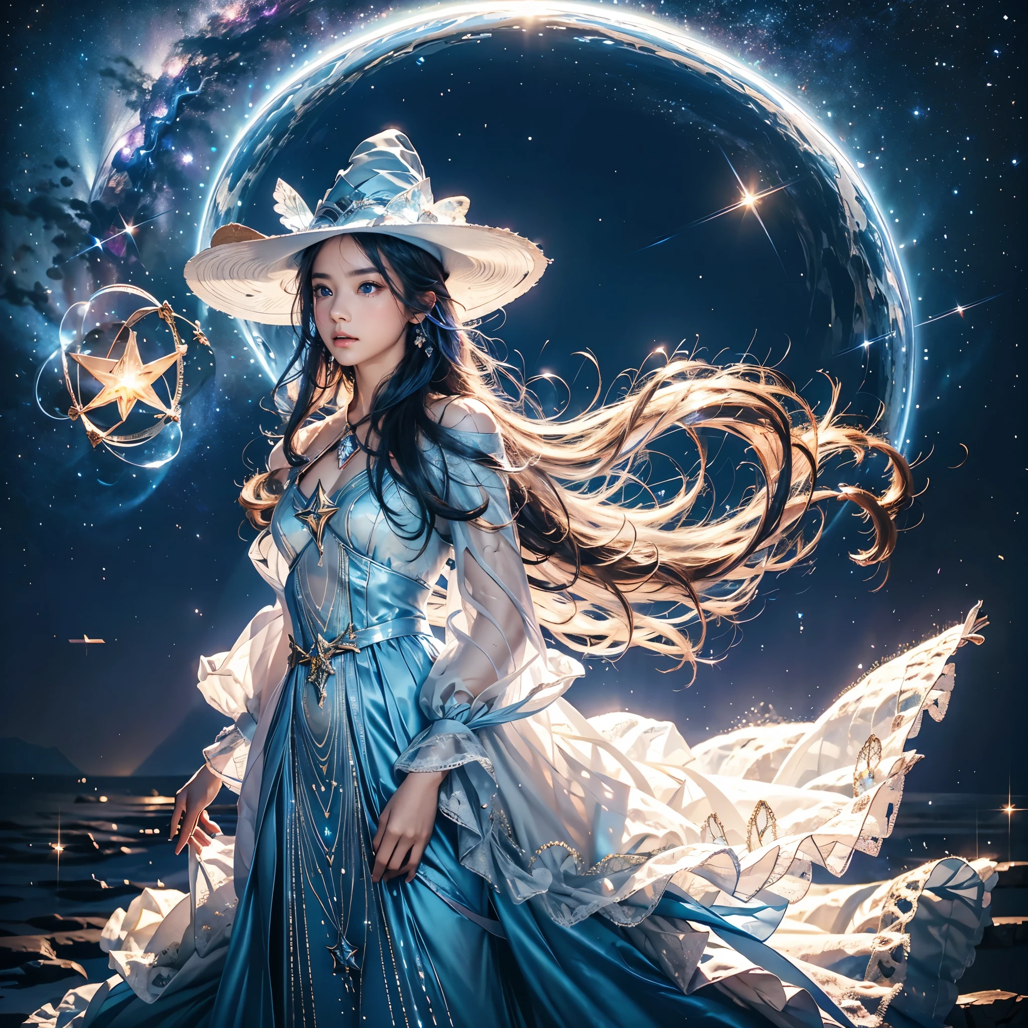 best quality，masterpiece，16k，1girl,aurora,blue eyes,blue hair,constellation,constellation print,diffraction spikes,dress,earrings,earth \(planet\),fireworks,galaxy,glint,hat,jewelry,light particles,light rays,light trail,long hair,Energy circle,Magic Formation,Concentric circle,long sleeves,magic,magic circle,milky way,night,night sky,planet,shooting star,sky,solo,space,sparkle,sparkle background,star \(sky\),star \(symbol\),starry background,starry sky,starry sky print,very long hair,wings