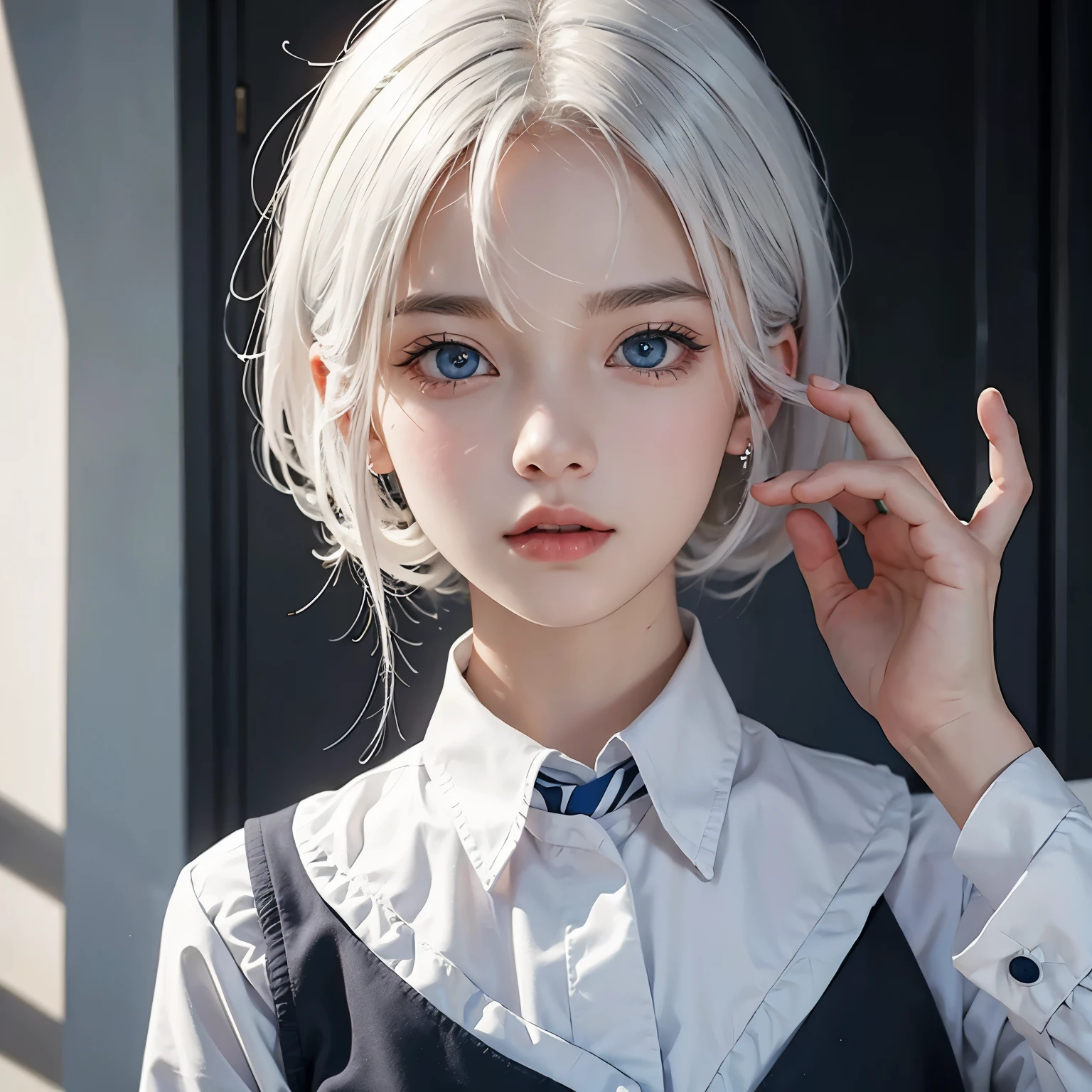 Boy, white hair, blue eyes, serious sharp features, white skin, school uniform